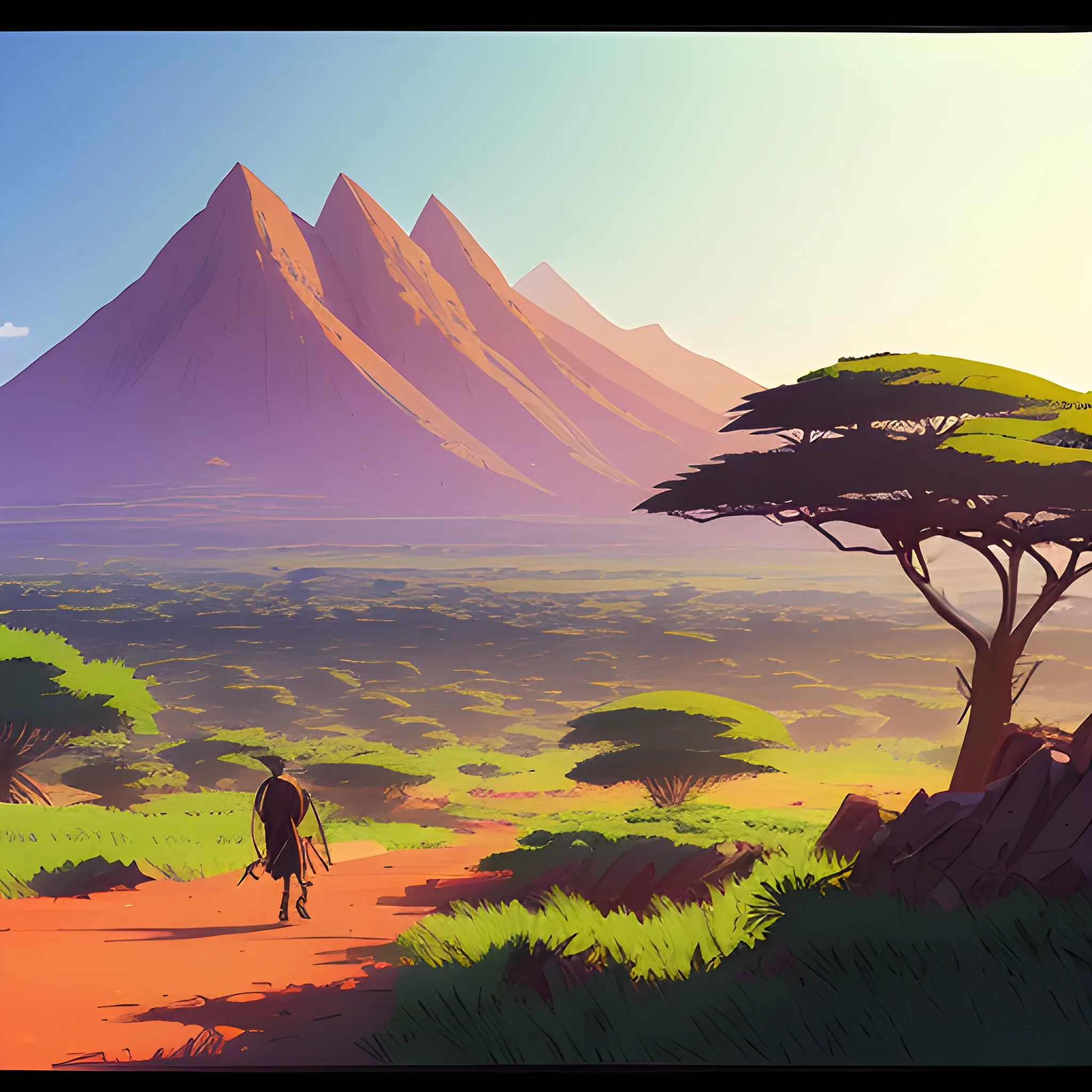 african landscape, mountain with brush... in the style of makoto shinkai and greg rutkowski and albert bierstadt and james gurney, Cartoon