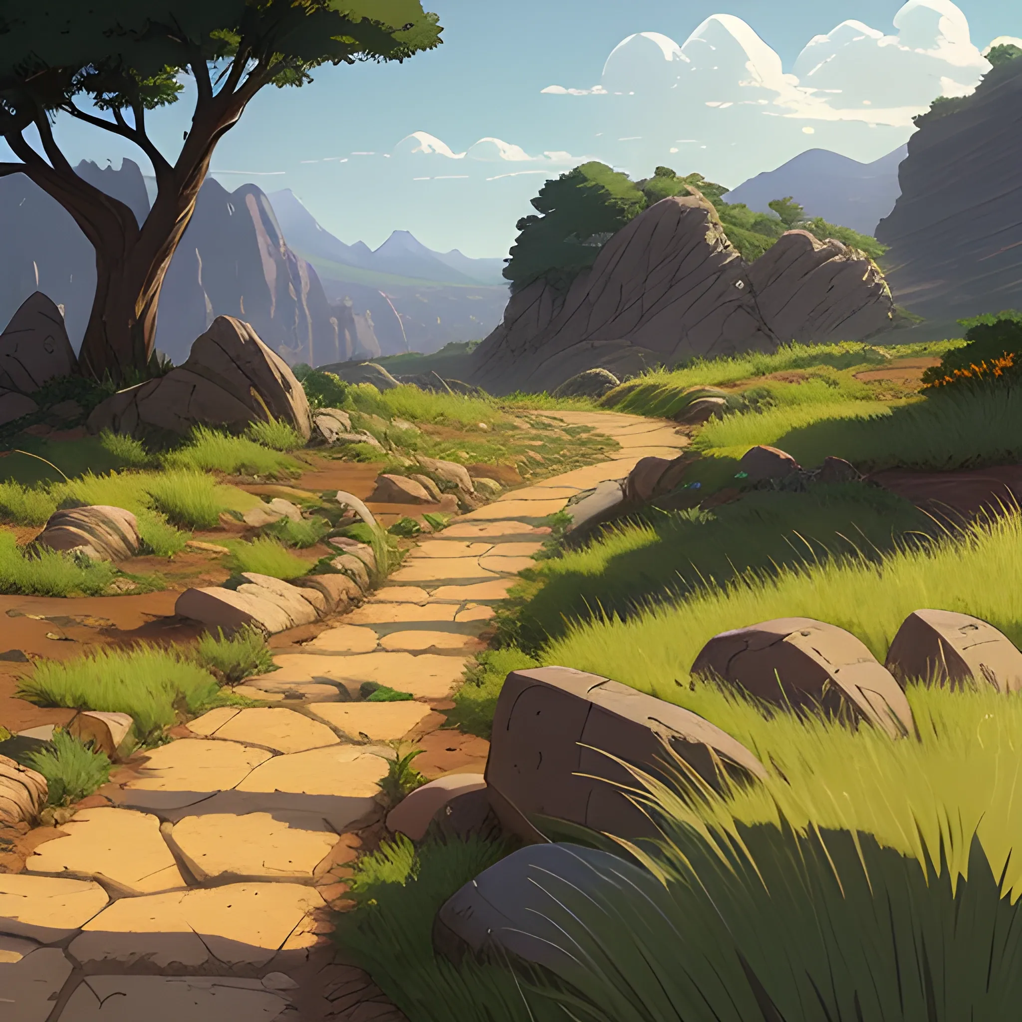 a dirt path with grasses rocks and stony... in the style of makoto shinkai and greg rutkowski and albert bierstadt and james gurney, Cartoon