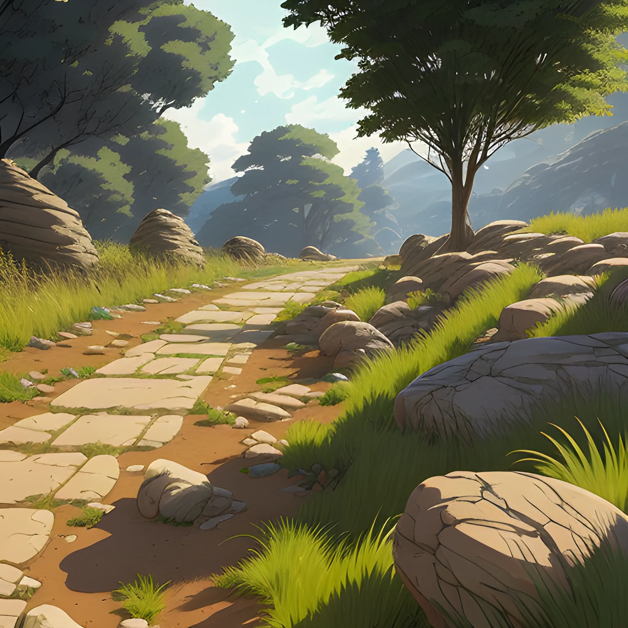 a dirt path with grasses rocks and stony... in the style of makoto shinkai and greg rutkowski and albert bierstadt and james gurney, Cartoon