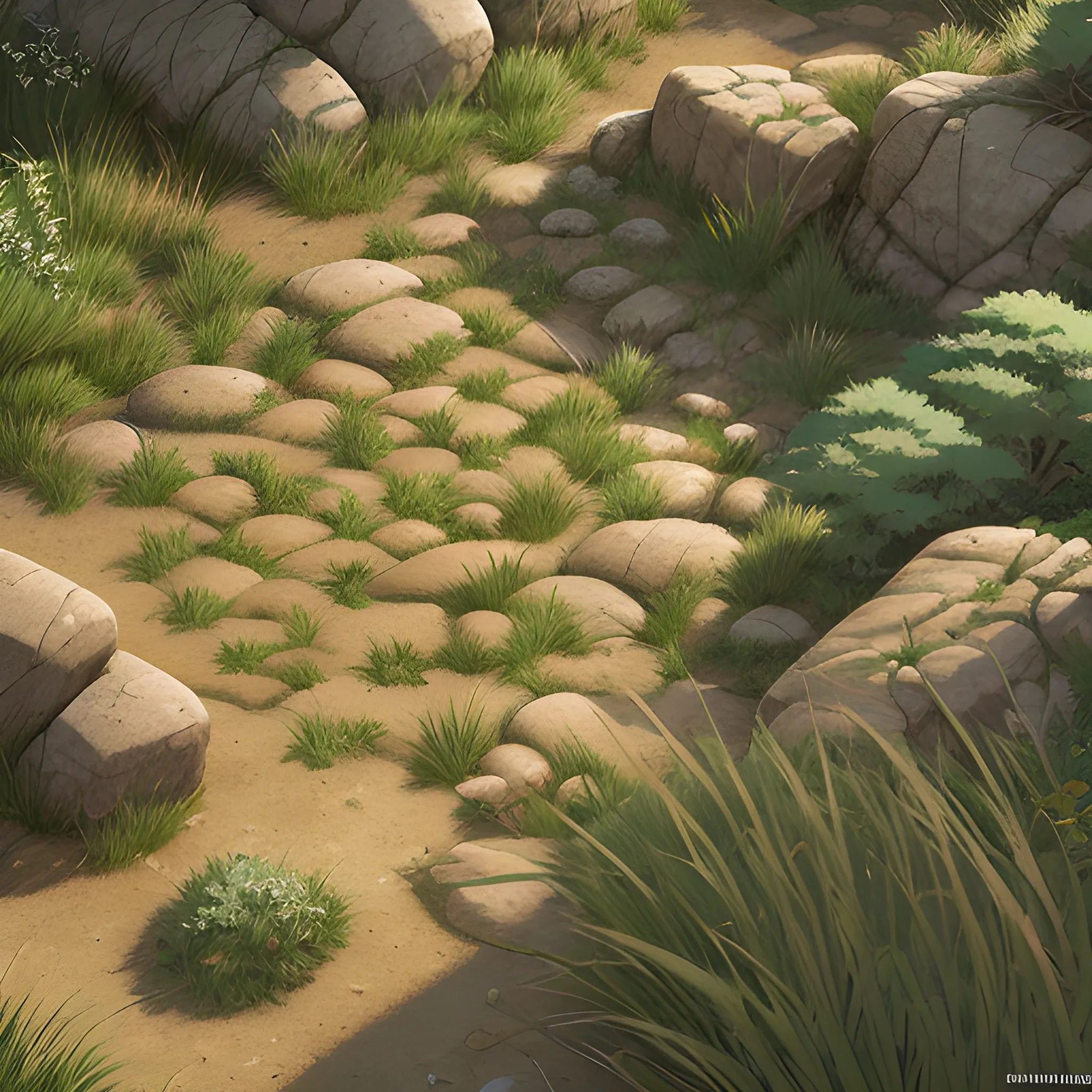 top view a dirt path with grasses rocks and stony... in the style of makoto shinkai and greg rutkowski and albert bierstadt and james gurney, Cartoon