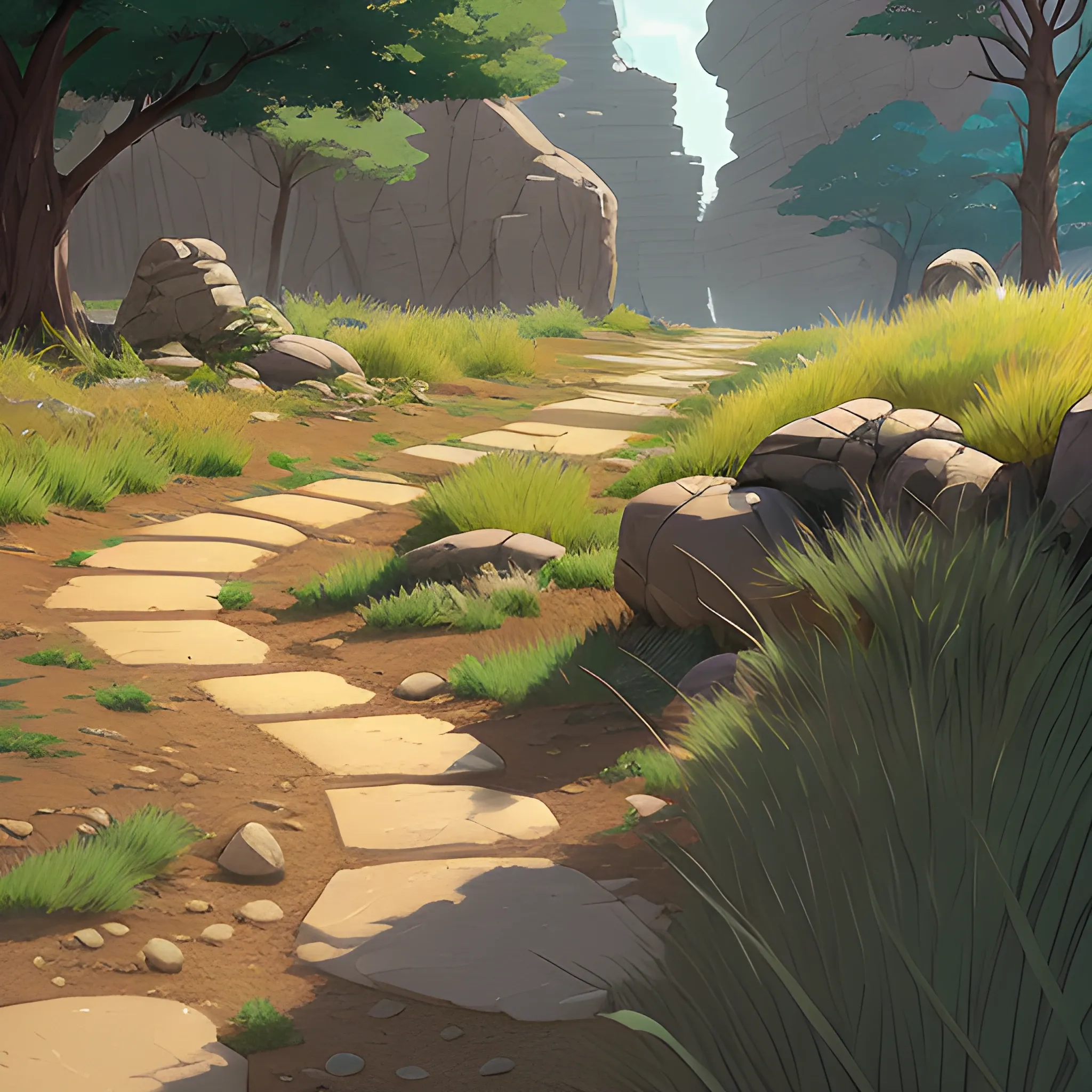 a dirt path with grasses rocks and stony... in the style of makoto shinkai and greg rutkowski and albert bierstadt and james gurney, Cartoon