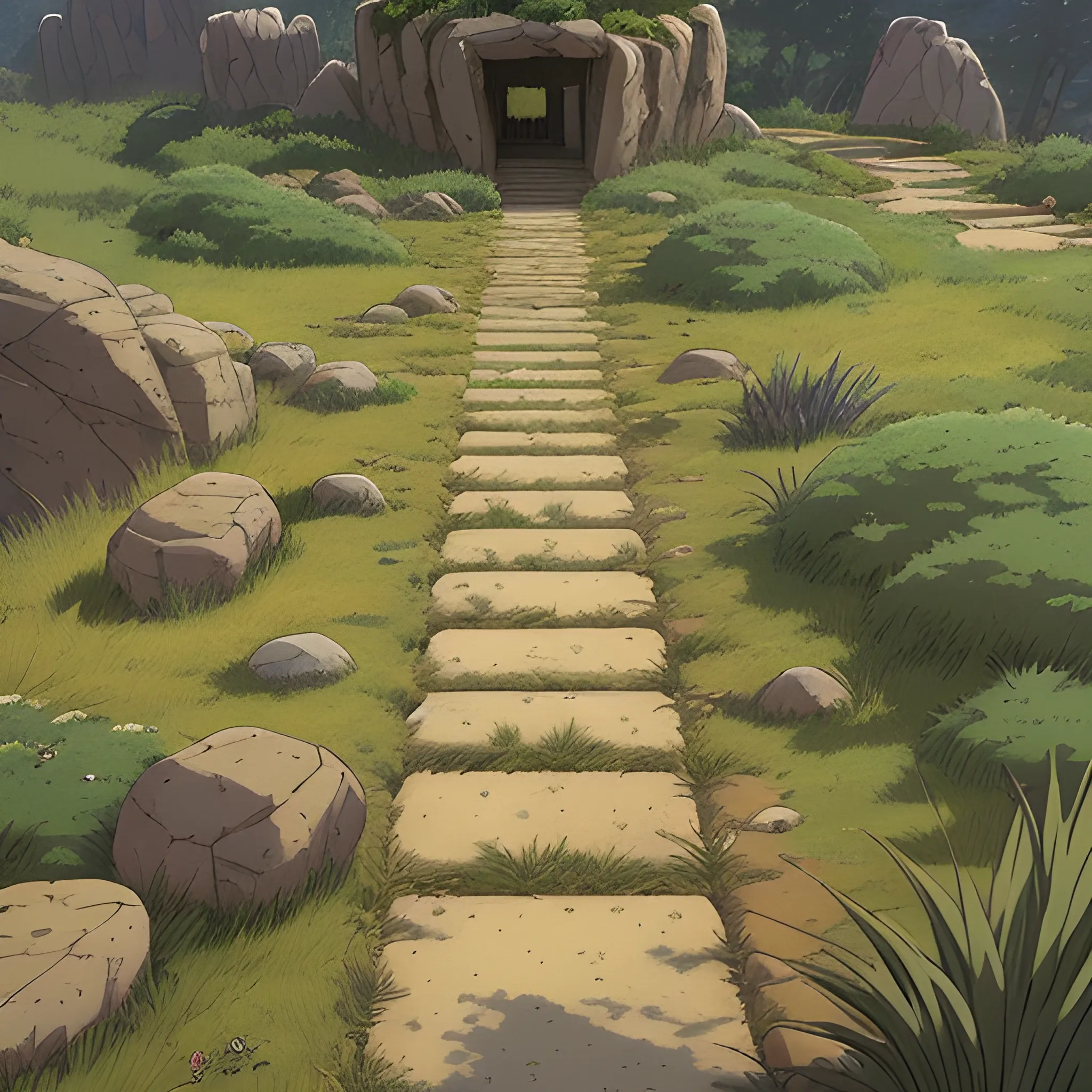 top view a dirt path with grasses rocks and stony... in the style of makoto shinkai and greg rutkowski and albert bierstadt and james gurney, Cartoon