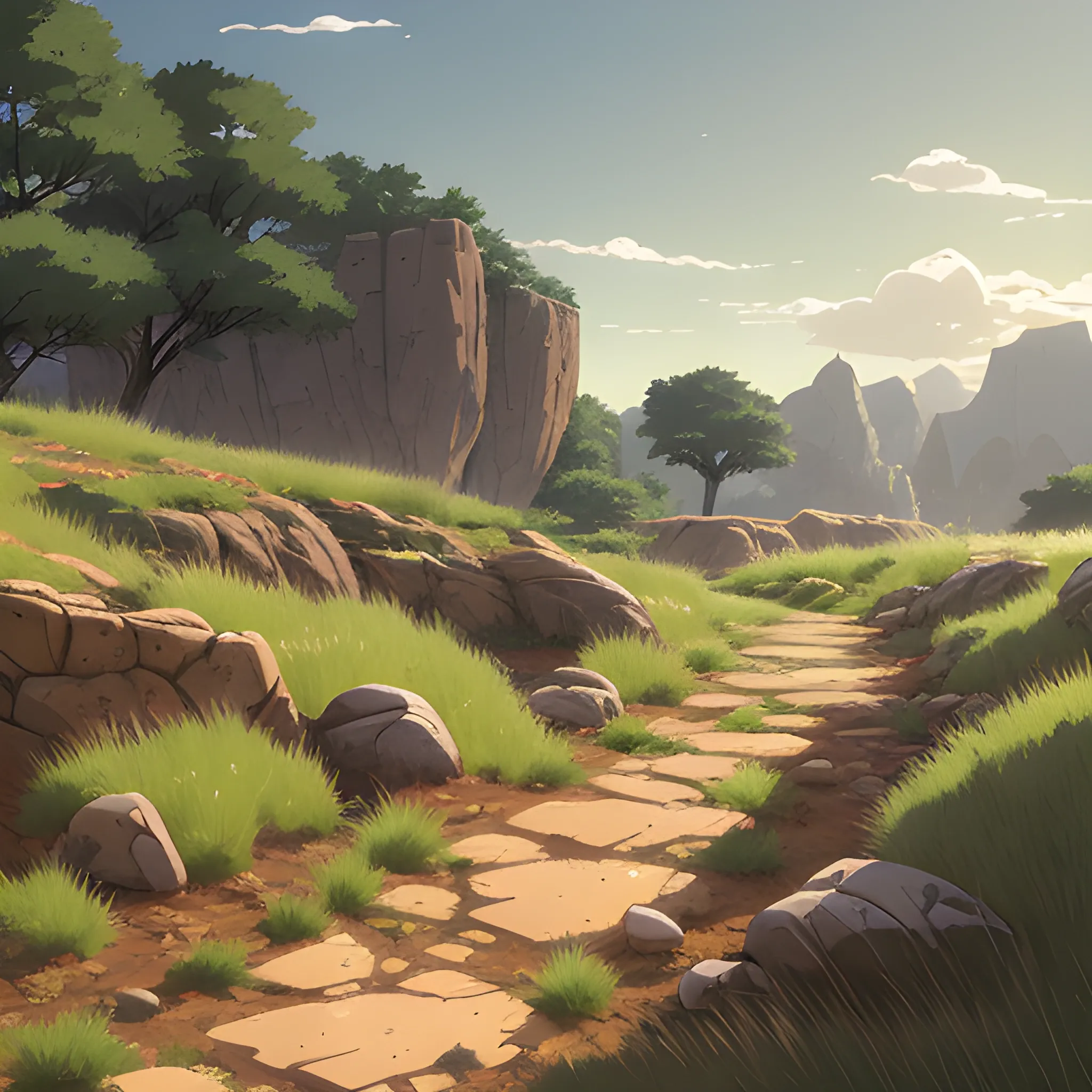 a dirt path with grasses rocks and stony... in the style of makoto shinkai and greg rutkowski and albert bierstadt and james gurney, Cartoon