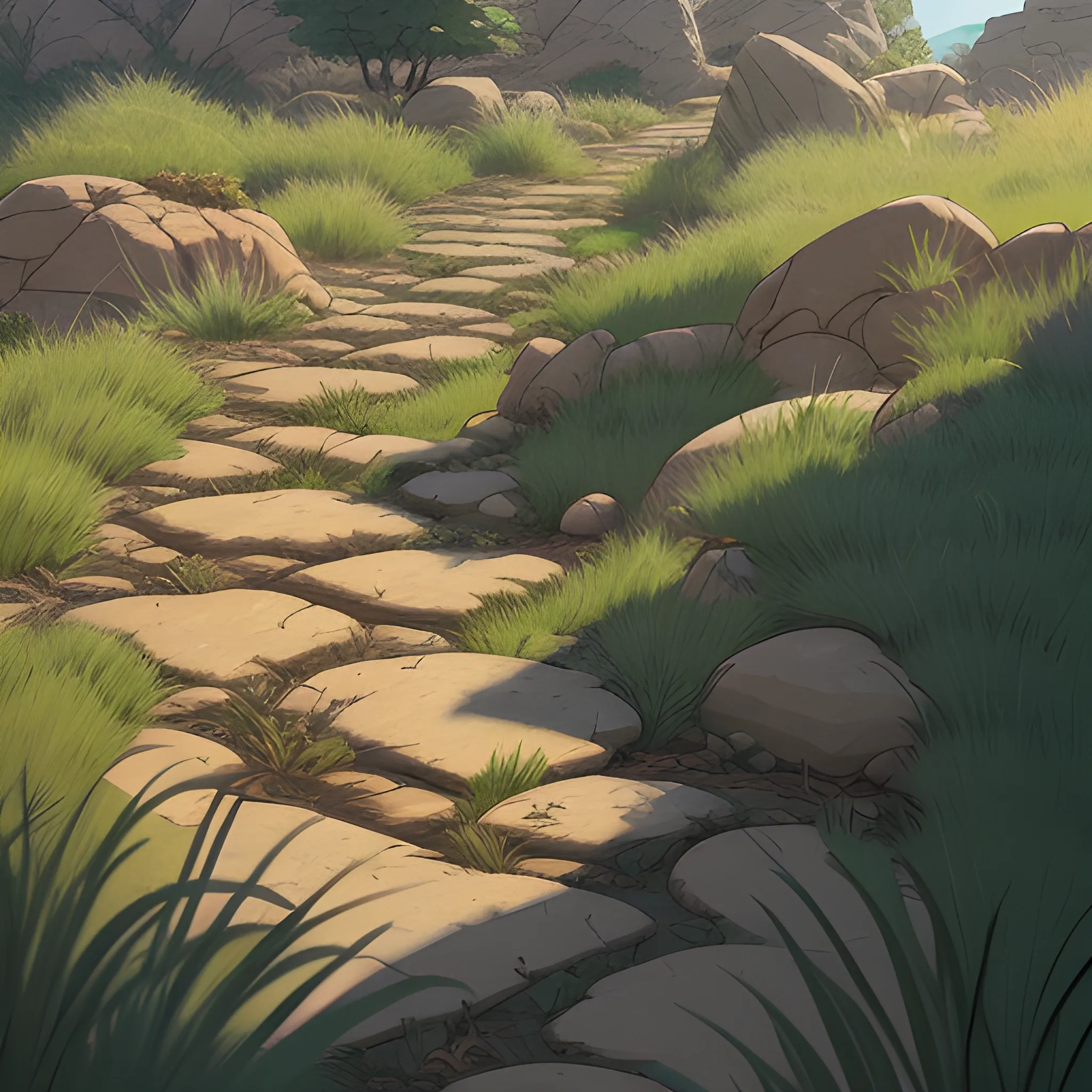 top view a dirt path with grasses rocks and stony... in the style of makoto shinkai and greg rutkowski and albert bierstadt and james gurney, Cartoon