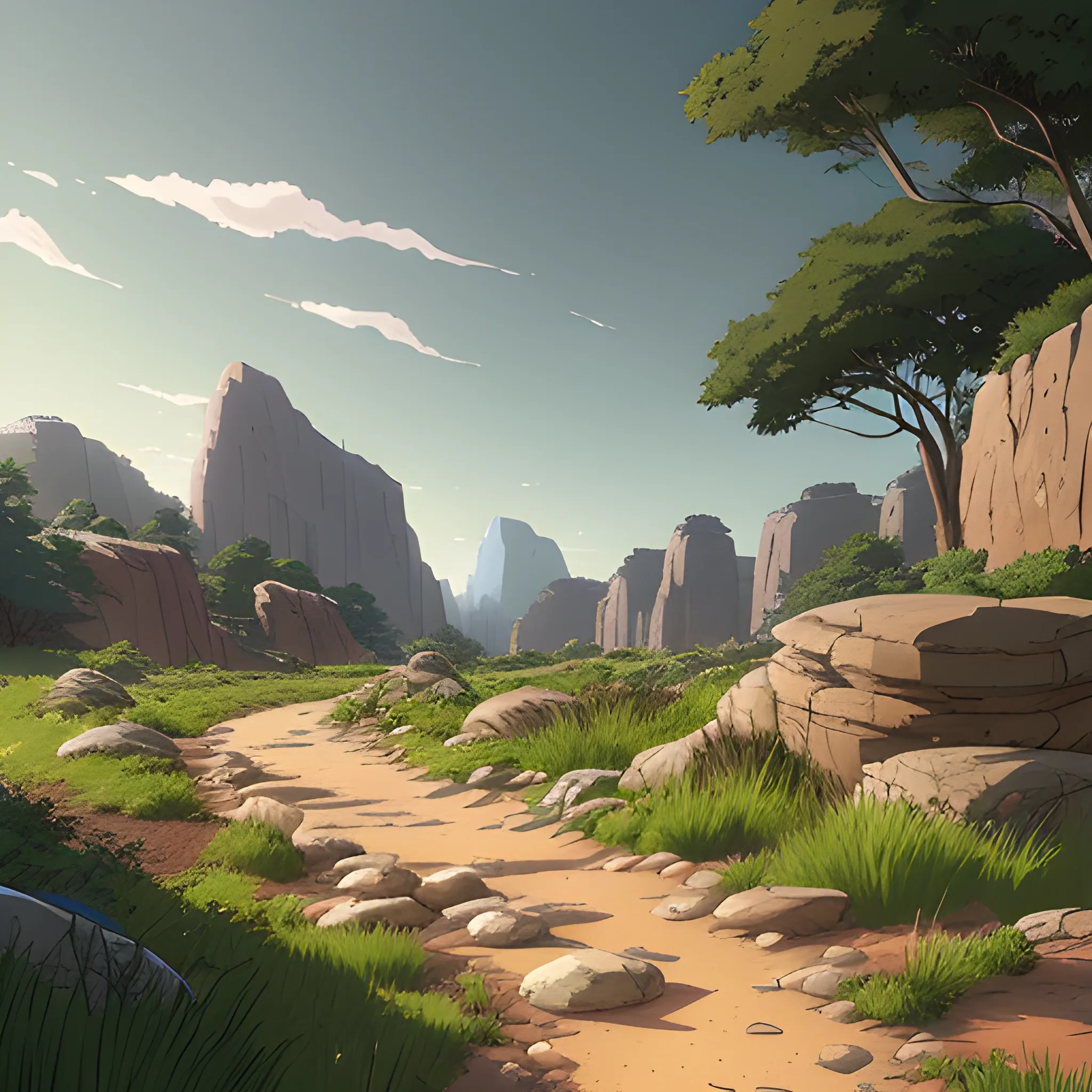 a dirt path with grasses rocks and stony... in the style of makoto shinkai and greg rutkowski and albert bierstadt and james gurney, Cartoon