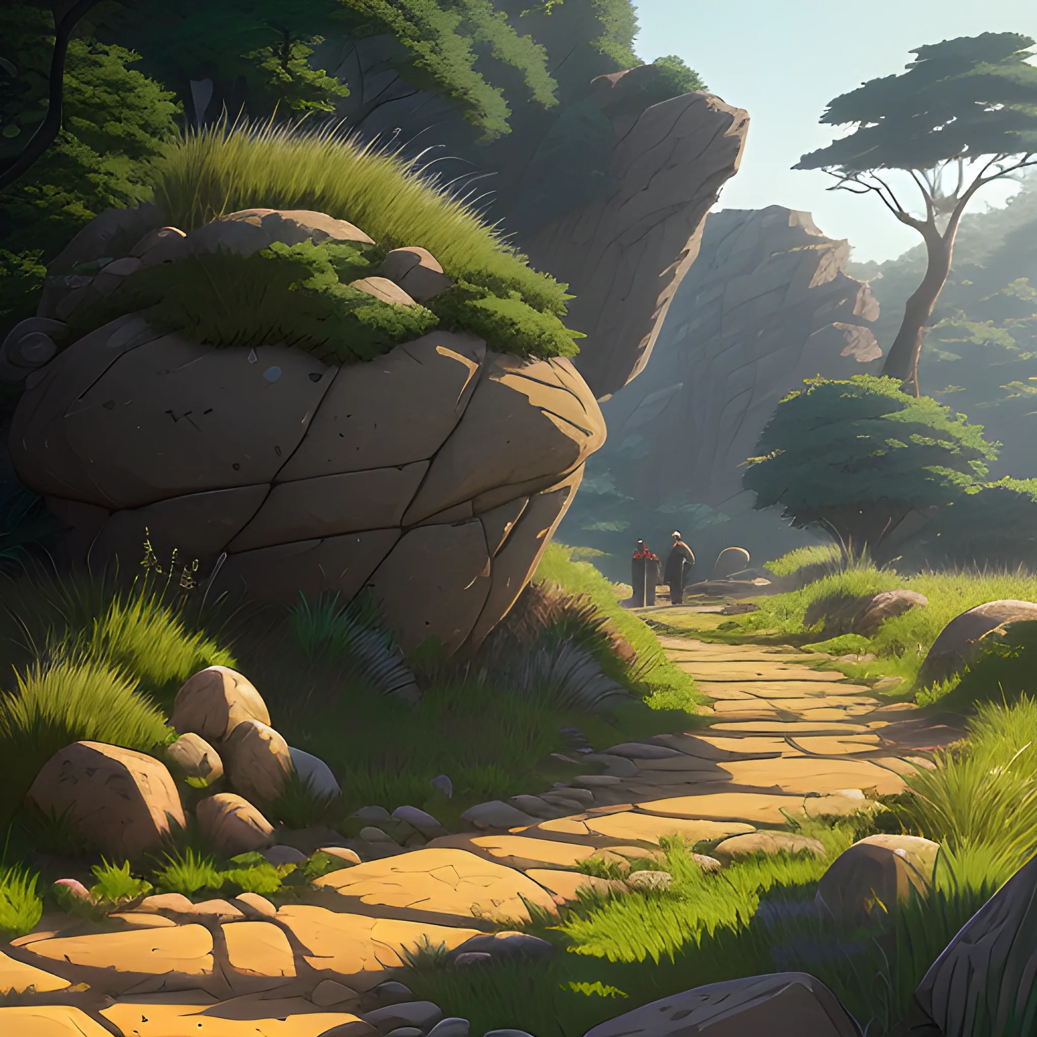 a dirt path with grasses rocks and stony... in the style of makoto shinkai and greg rutkowski and albert bierstadt and james gurney, Cartoon