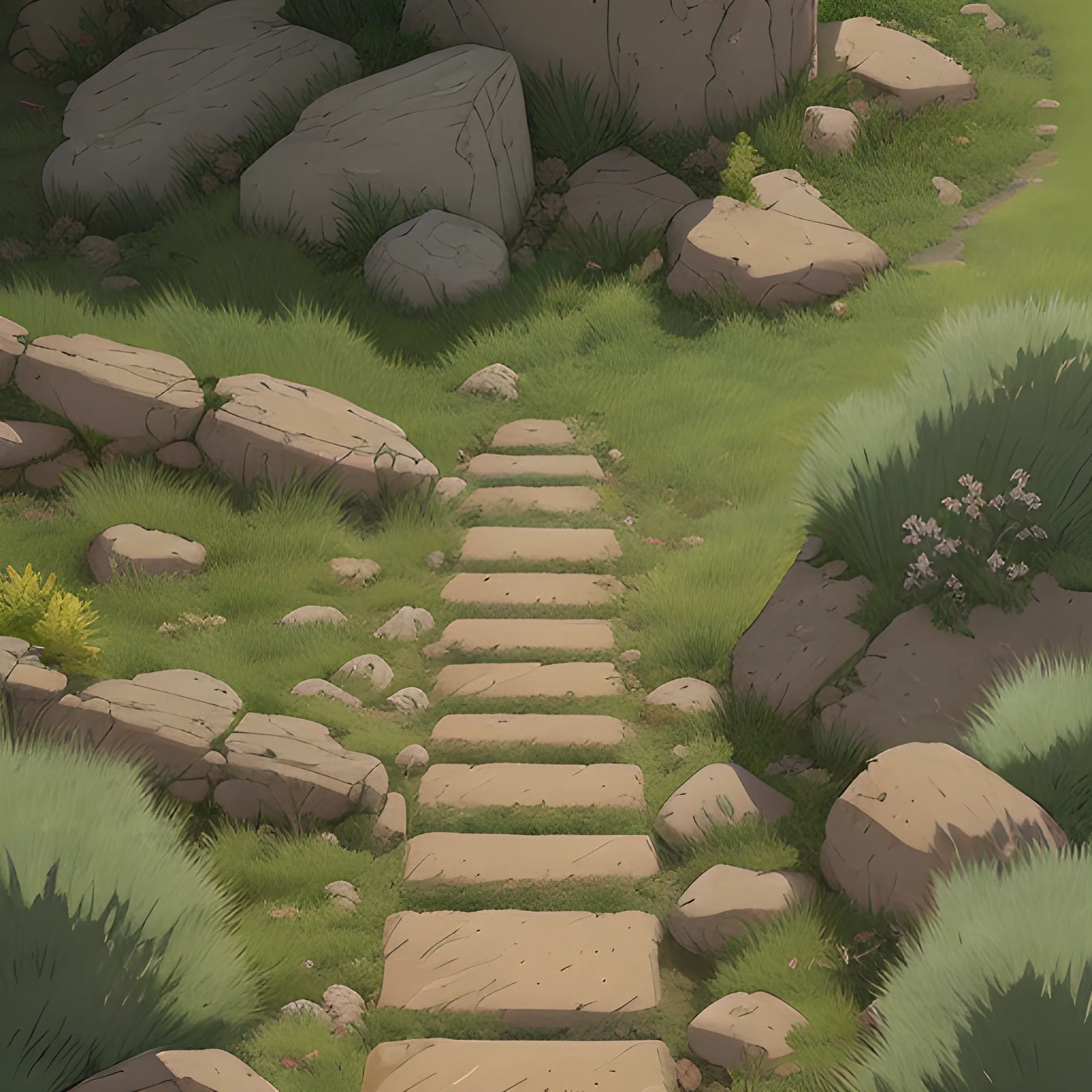 top view a dirt path with grasses rocks and stony... in the style of makoto shinkai and greg rutkowski and albert bierstadt and james gurney, Cartoon