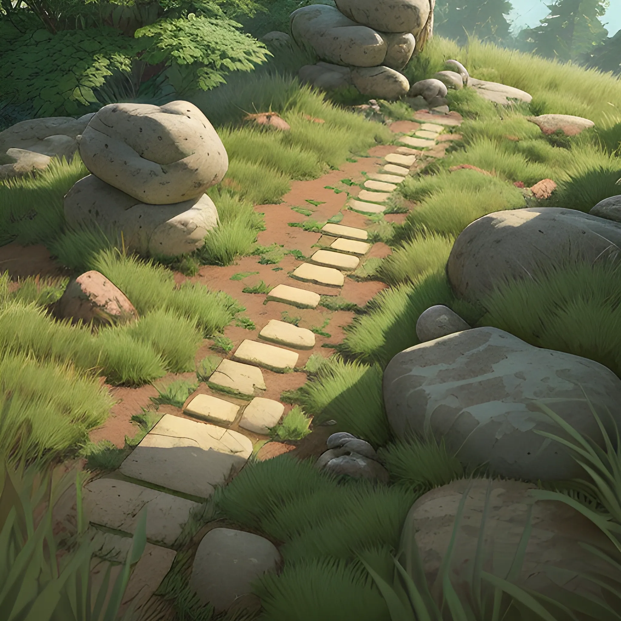 top view a dirt path with grasses rocks and stony... in the style of makoto shinkai and greg rutkowski and albert bierstadt and james gurney, Cartoon