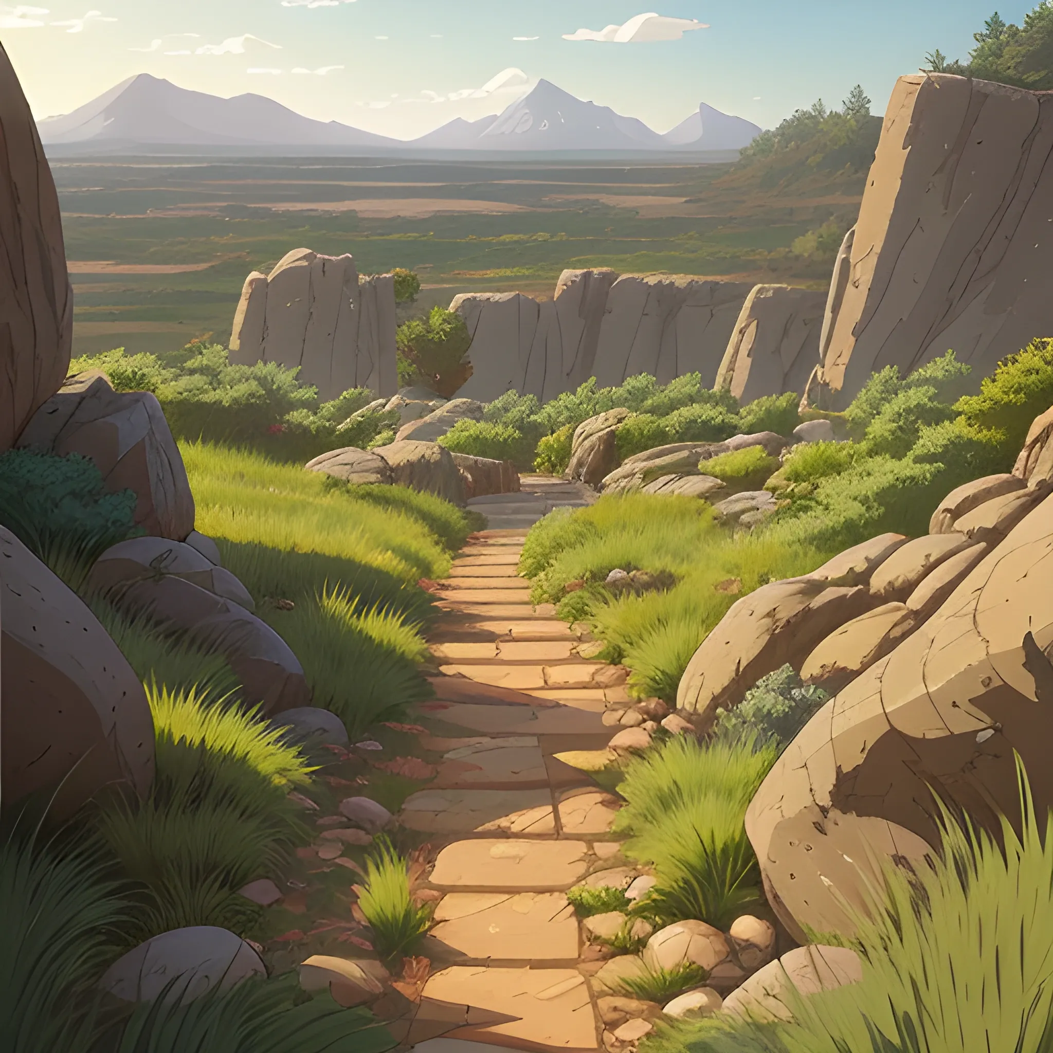 top view a dirt path with grasses rocks and stony... in the style of makoto shinkai and greg rutkowski and albert bierstadt and james gurney, Cartoon