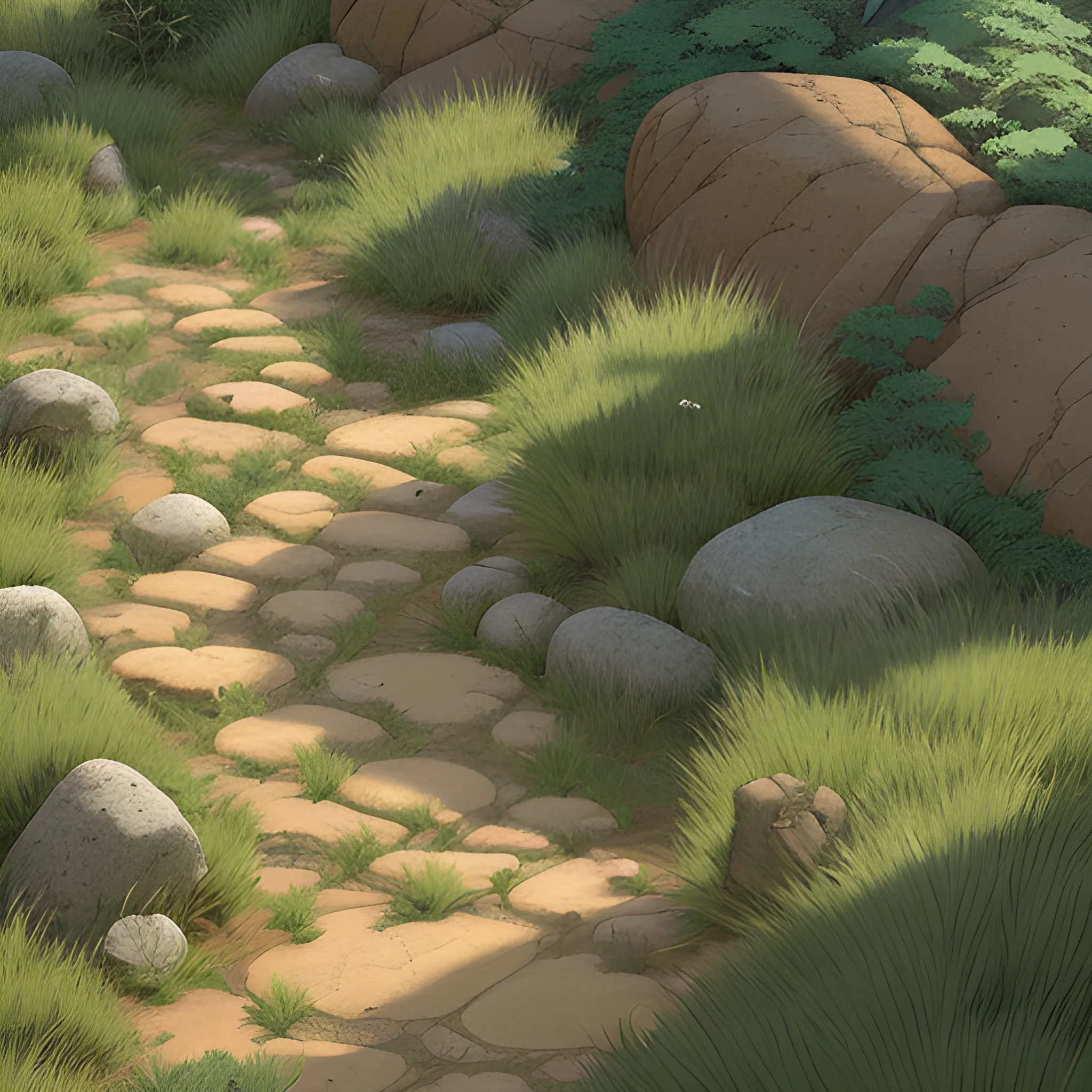 top view a dirt path with grasses rocks and stony... in the style of makoto shinkai and greg rutkowski and albert bierstadt and james gurney, Cartoon