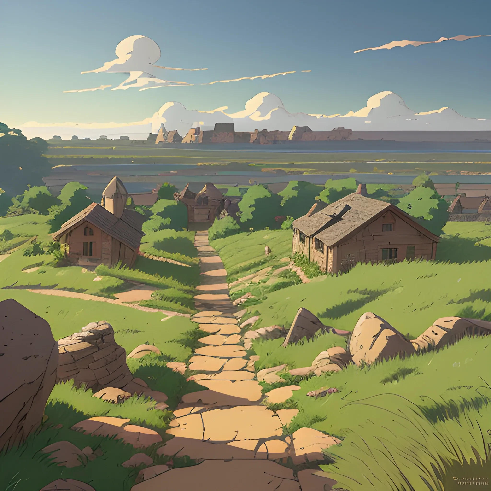 top view a dirt path with grasses rocks, stony with houses in the distance... in the style of makoto shinkai and greg rutkowski and albert bierstadt and james gurney, Cartoon