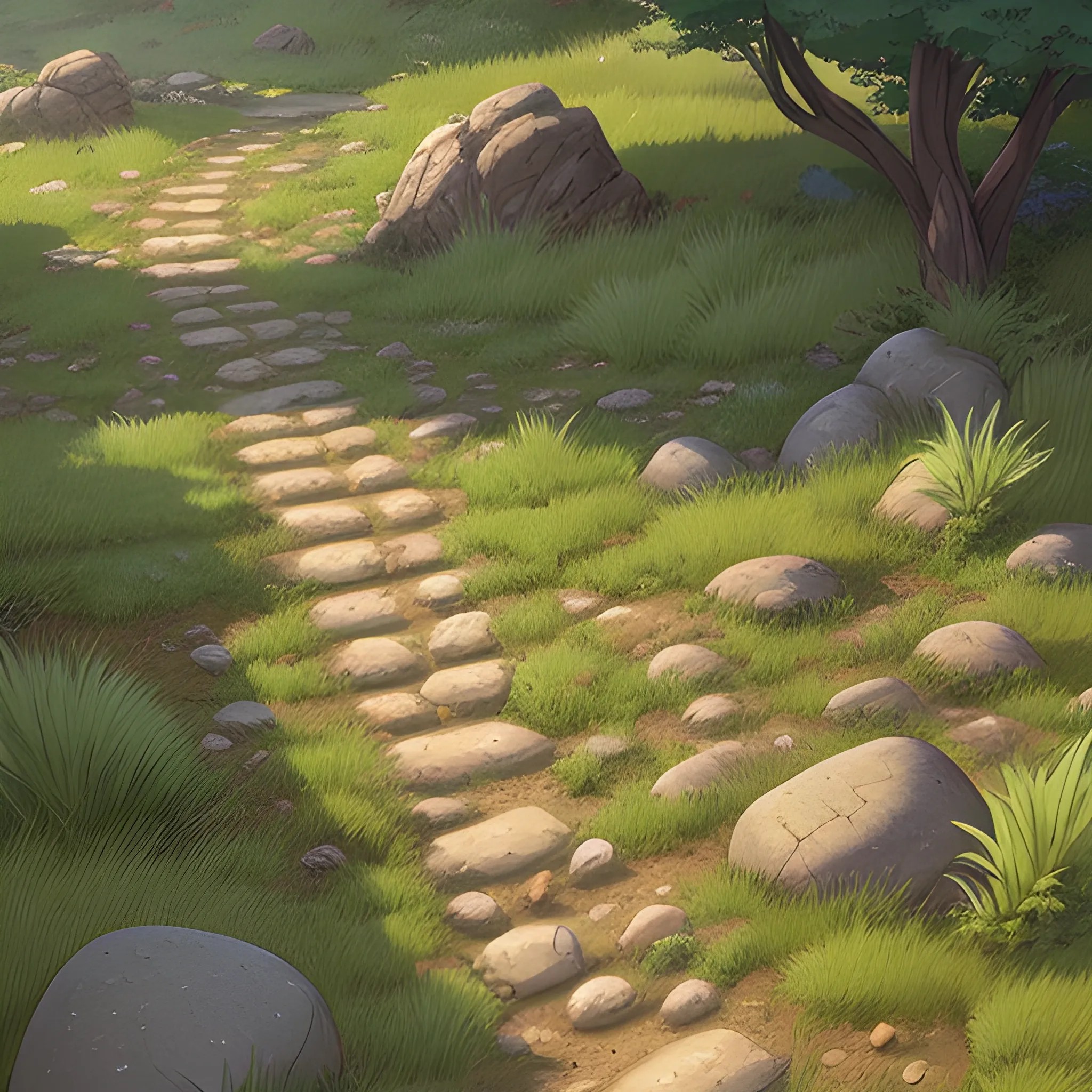 top view a dirt path with grasses rocks and stony... in the style of makoto shinkai and greg rutkowski and albert bierstadt and james gurney, Cartoon