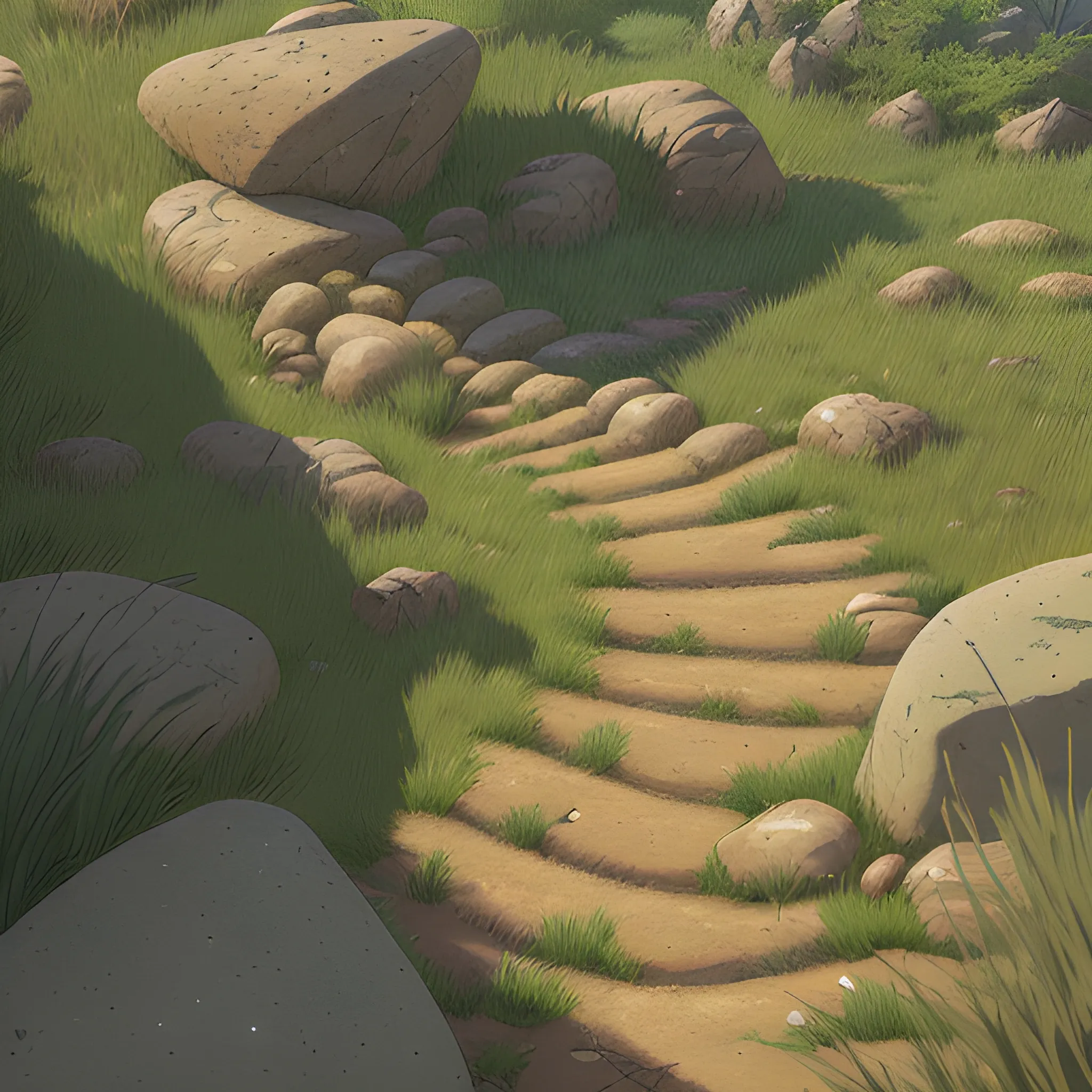 top view a dirt path with grasses rocks and stony... in the style of makoto shinkai and greg rutkowski and albert bierstadt and james gurney, Cartoon