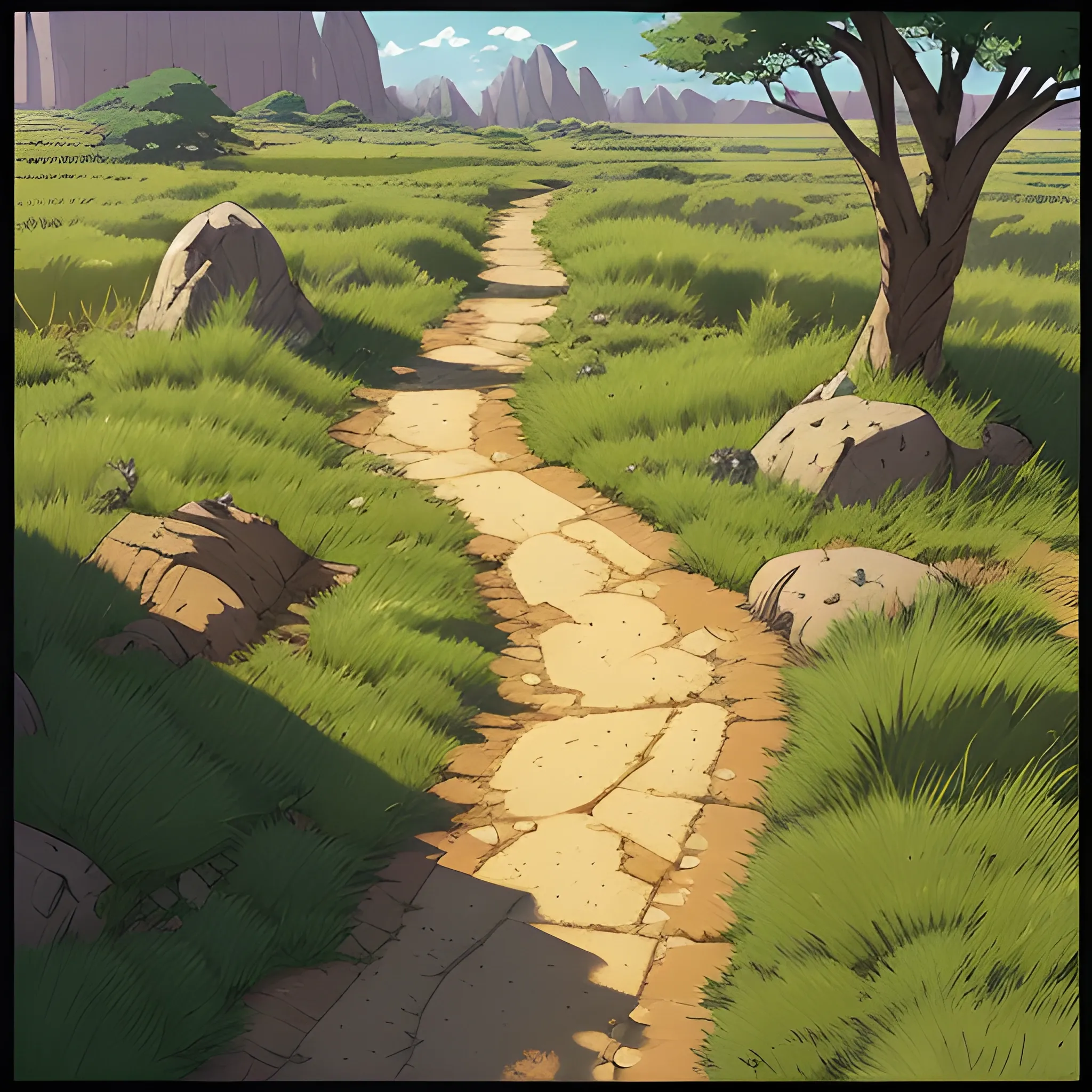 top view a dirt path with grasses and stony... in the style of makoto shinkai and greg rutkowski and albert bierstadt and james gurney, Cartoon