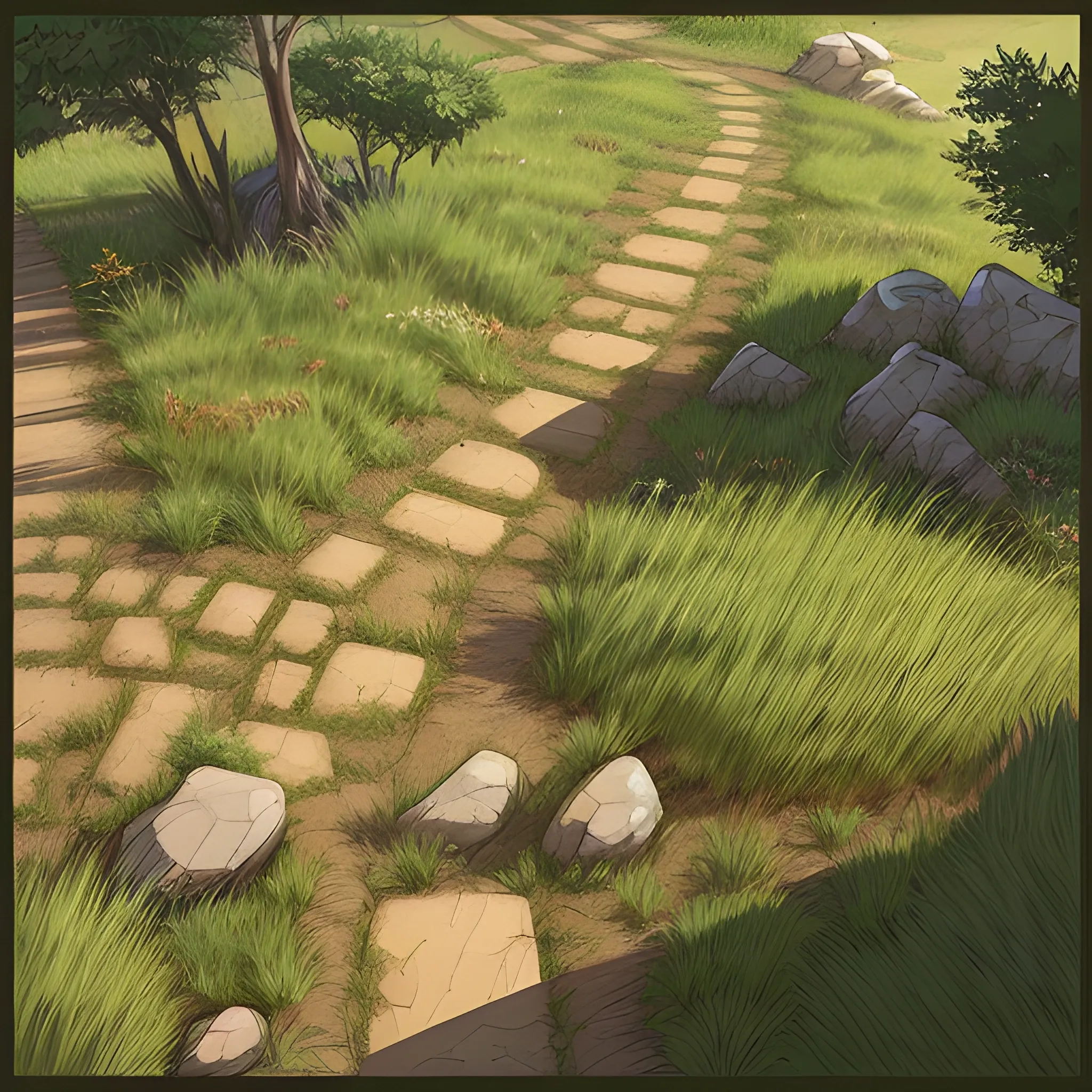 top view a dirt path with grasses and stony... in the style of makoto shinkai and greg rutkowski and albert bierstadt and james gurney, Cartoon