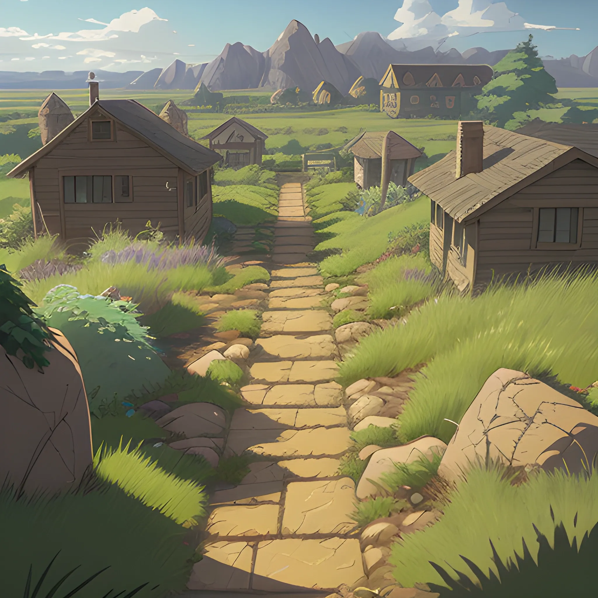 top view a dirt path with grasses rocks, stony with houses in the distance... in the style of makoto shinkai and greg rutkowski and albert bierstadt and james gurney, Cartoon