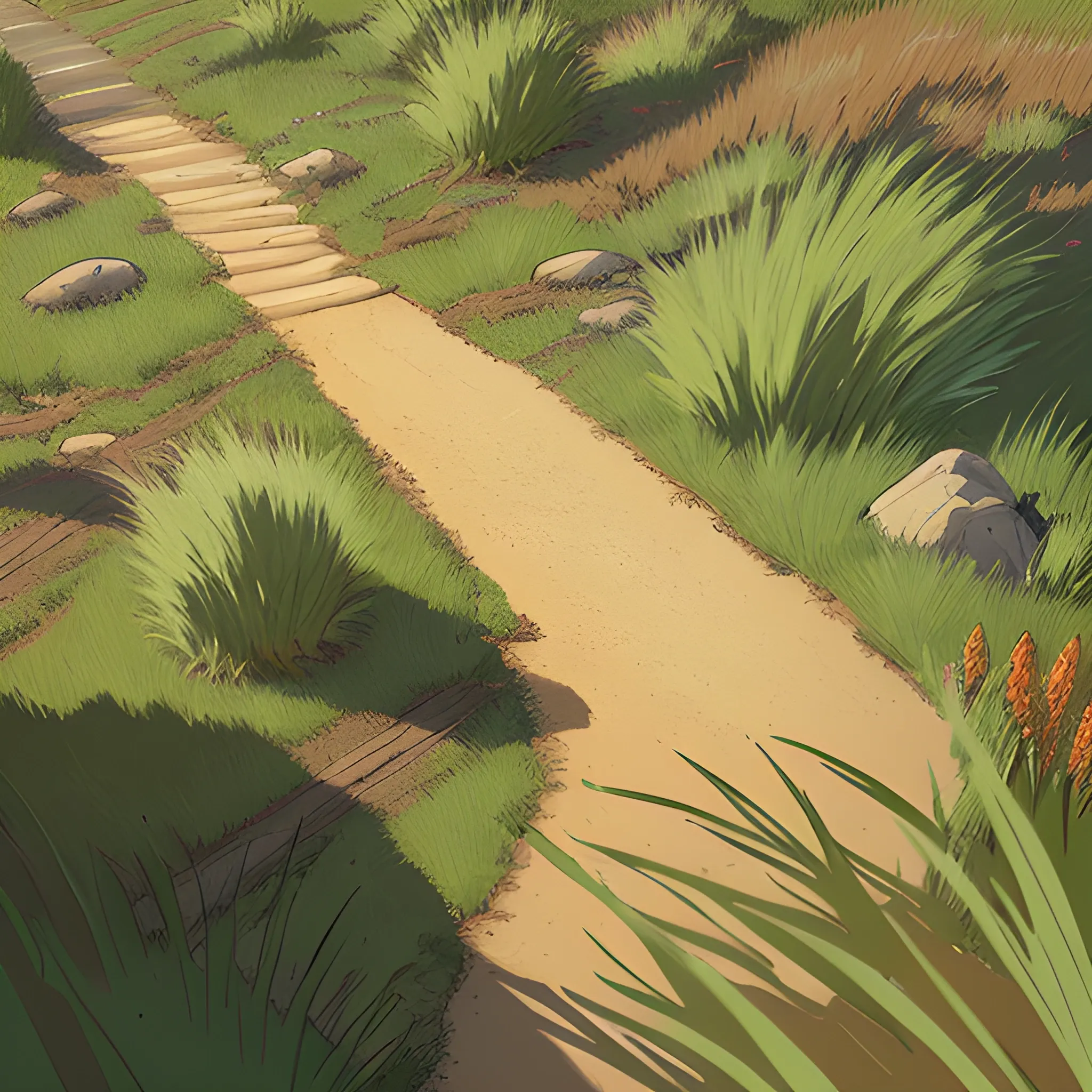 top view a dirt path with grasses and stony... in the style of makoto shinkai and greg rutkowski and albert bierstadt and james gurney, Cartoon