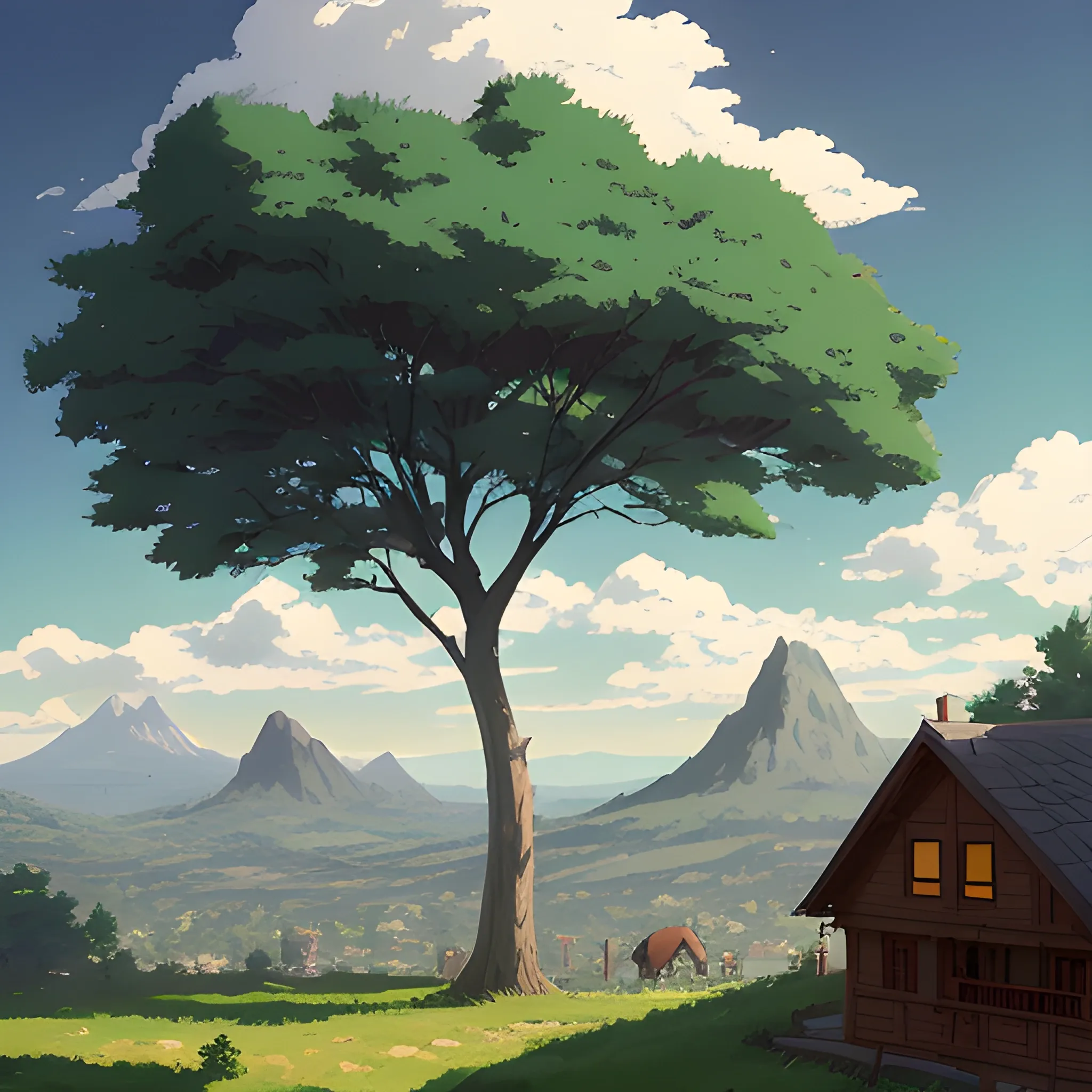 above a tree with mountains and houses in the distance... in the style of makoto shinkai and greg rutkowski and albert bierstadt and james gurney, Cartoon