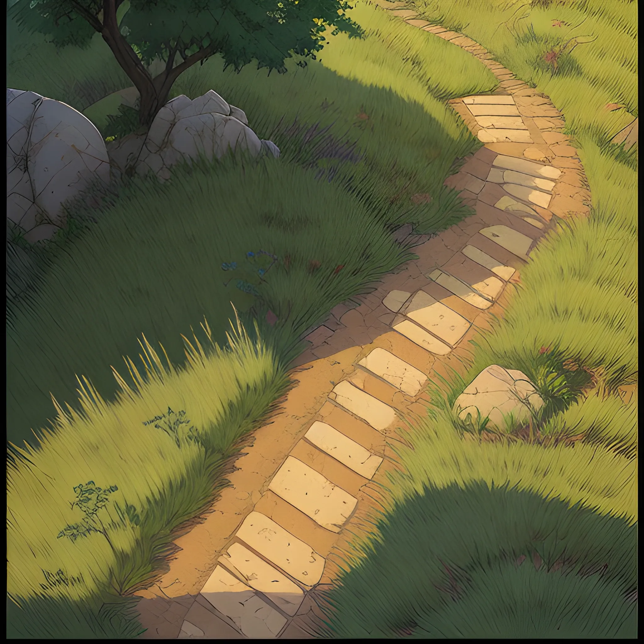 top view a dirt path with grasses and stony... in the style of makoto shinkai and greg rutkowski and albert bierstadt and james gurney, Cartoon