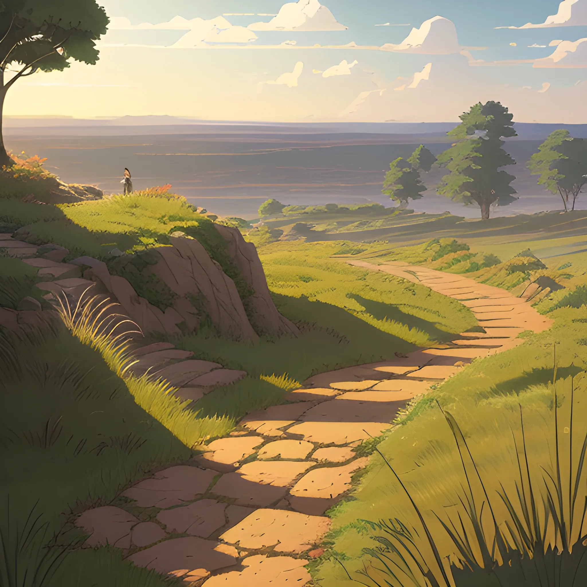 top view a dirt path with grasses and stony... in the style of makoto shinkai and greg rutkowski and albert bierstadt and james gurney, Cartoon