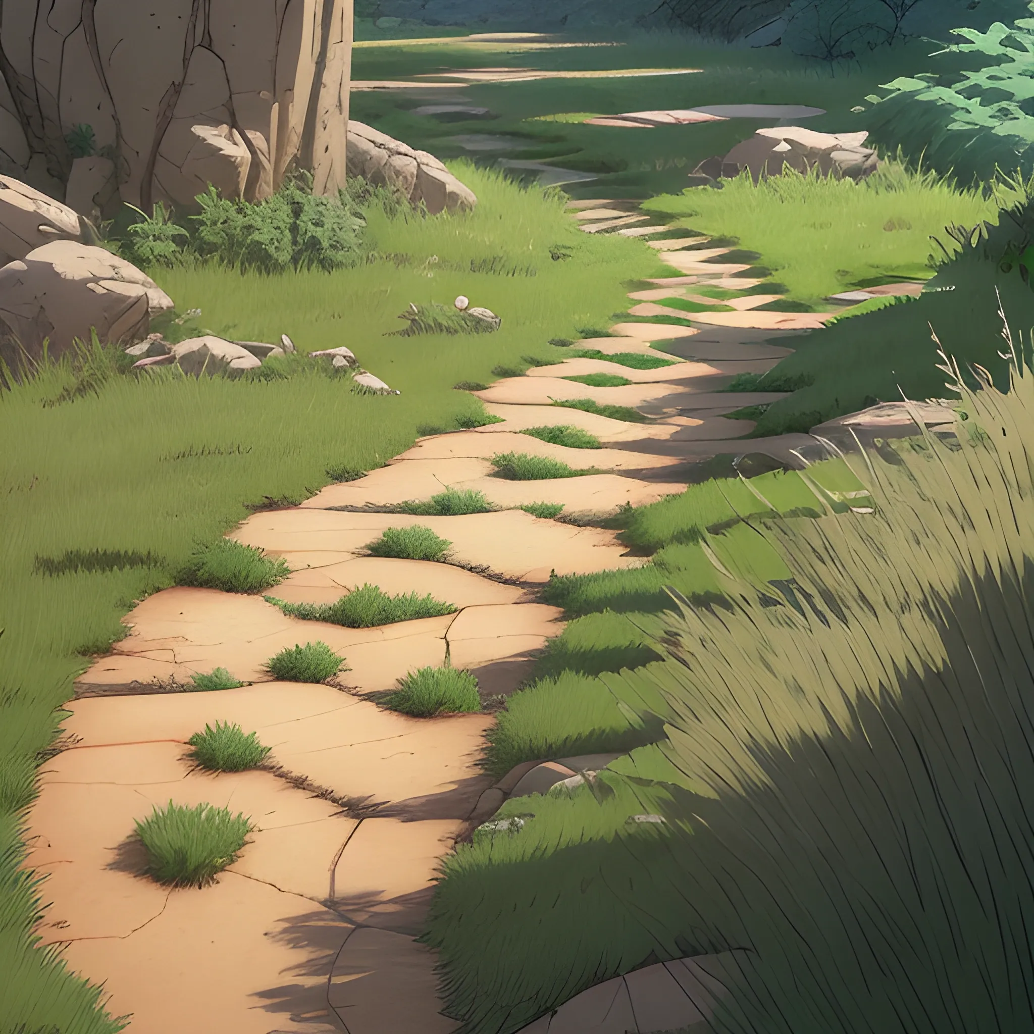 top view a dirt path with grasses and stony... in the style of makoto shinkai and greg rutkowski and albert bierstadt and james gurney, Cartoon