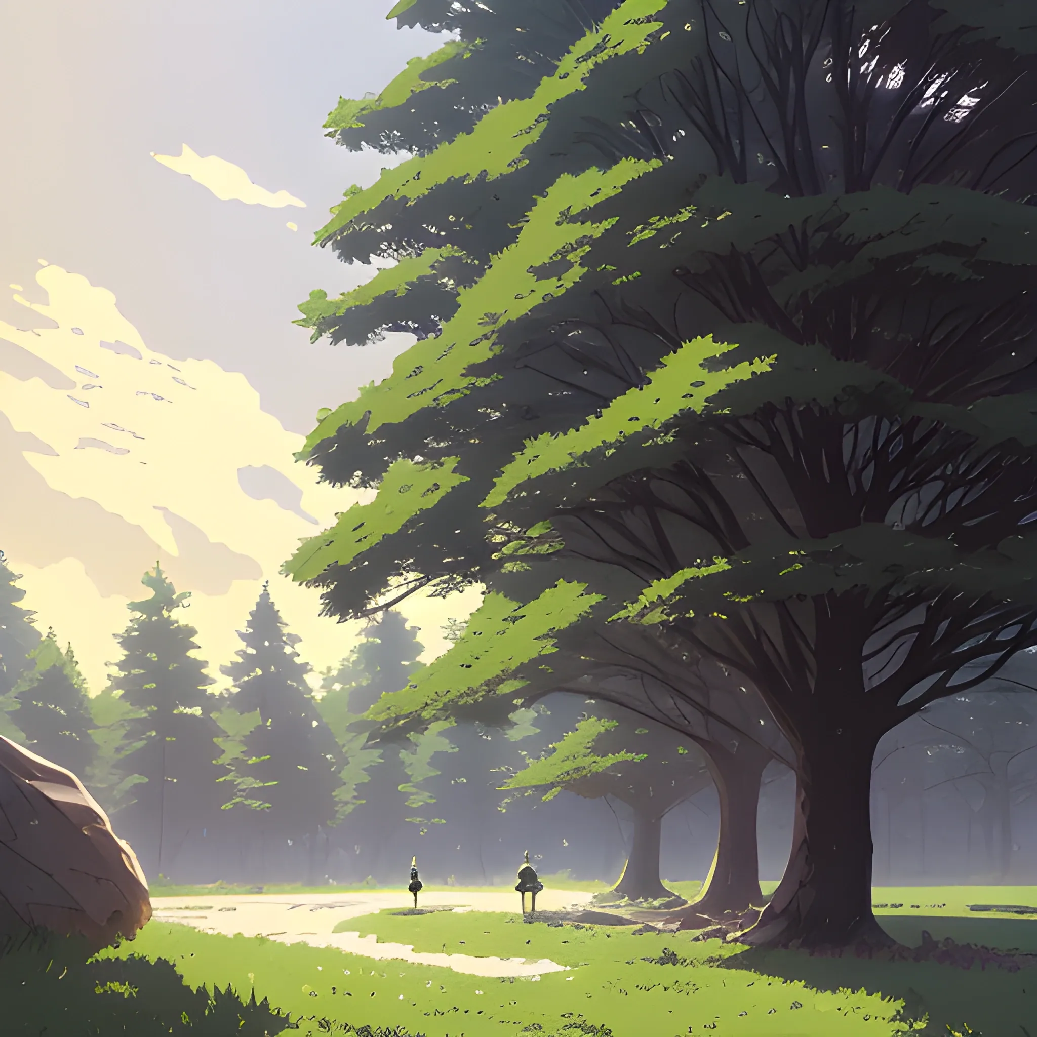 trees... in the style of makoto shinkai and greg rutkowski and albert bierstadt and james gurney, Cartoon