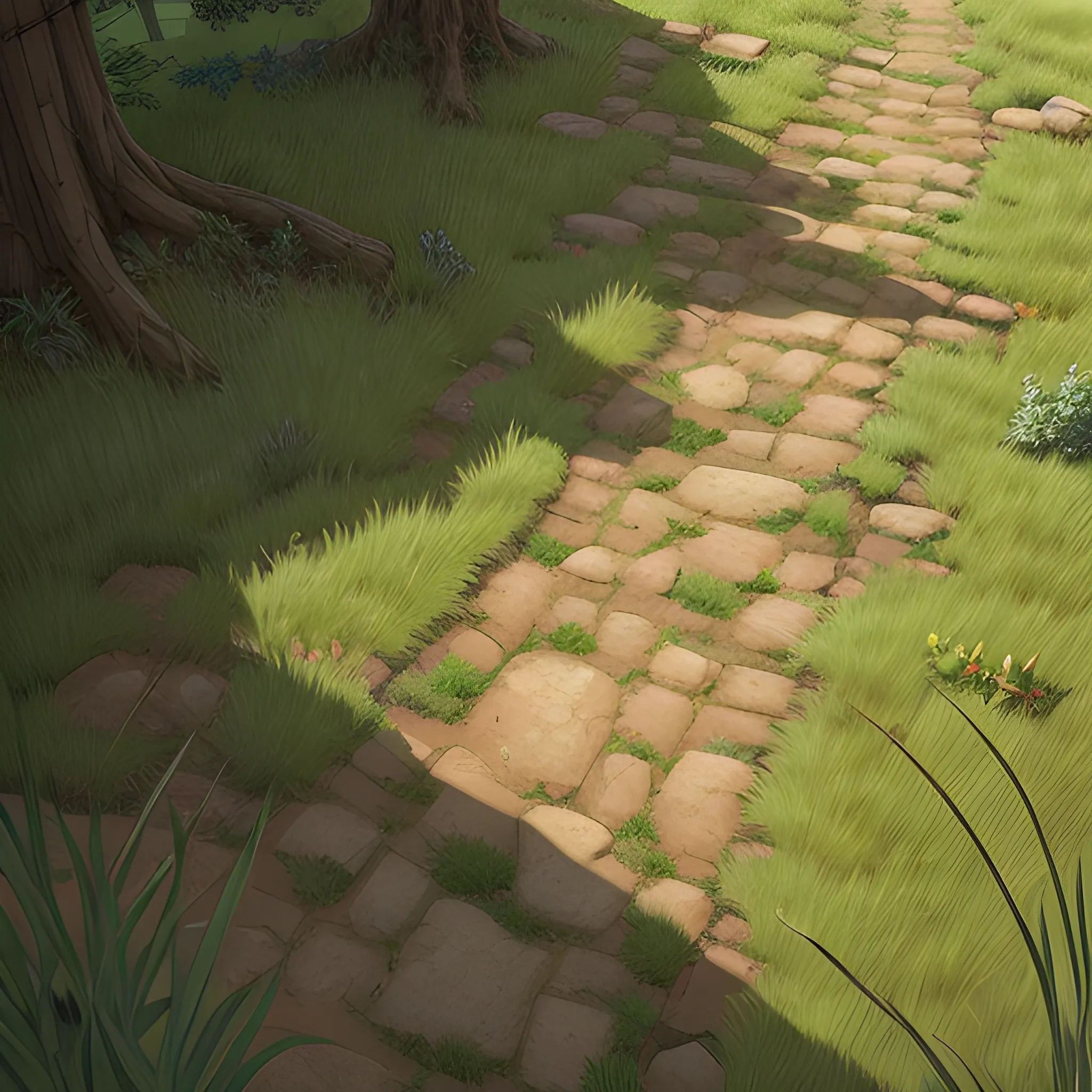 top view a dirt path with grasses and stony... in the style of makoto shinkai and greg rutkowski and albert bierstadt and james gurney, Cartoon