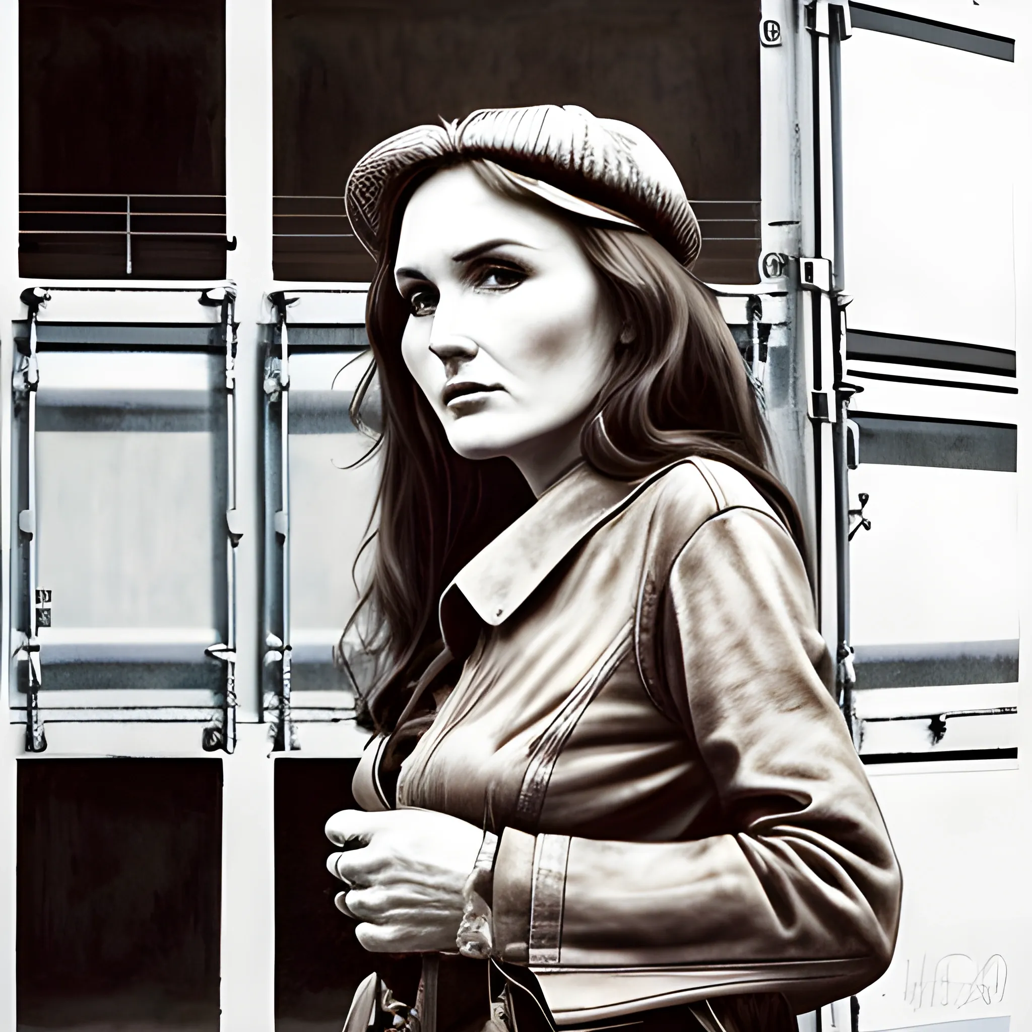 disegna nello stile di dennis hopper una citta di containers con una donna sola  