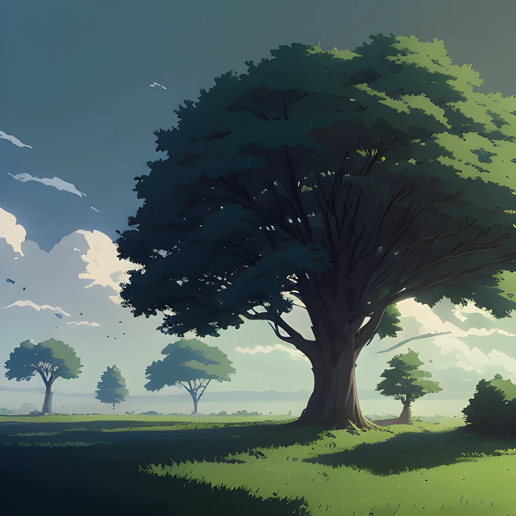 trees... in the style of makoto shinkai and greg rutkowski and albert bierstadt and james gurney, Cartoon