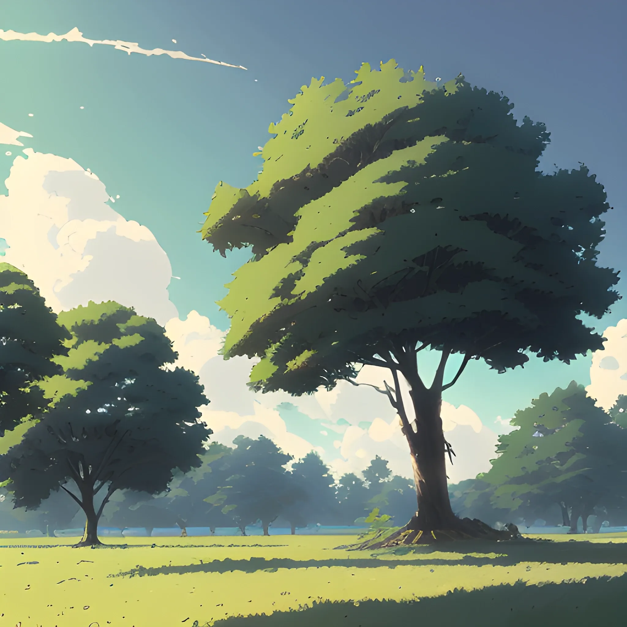 trees... in the style of makoto shinkai and greg rutkowski and albert bierstadt and james gurney, Cartoon