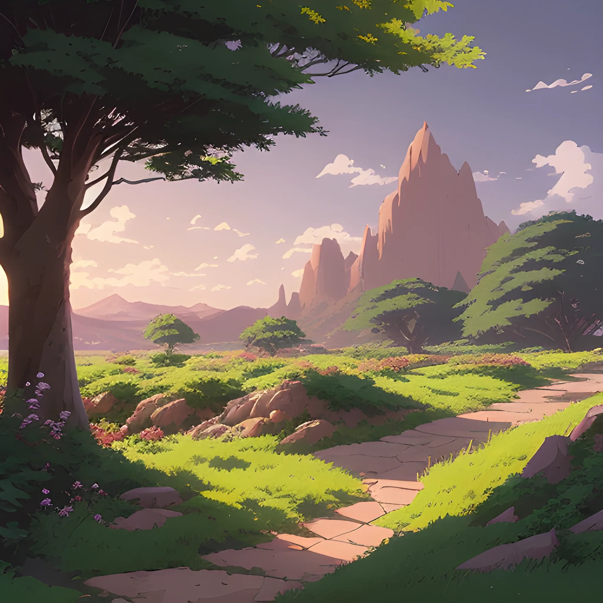 a landscape of shrubs... in the style of makoto shinkai and greg rutkowski and albert bierstadt and james gurney, Cartoon