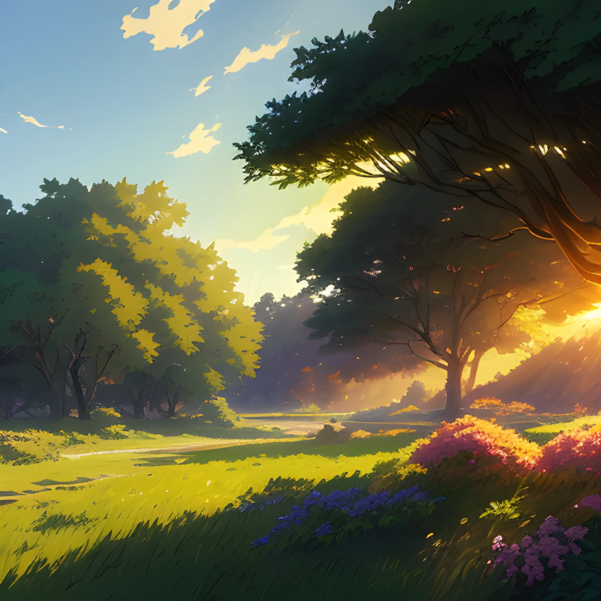 a landscape of shrubs with sunbeams... in the style of makoto shinkai and greg rutkowski and albert bierstadt and james gurney, Cartoon