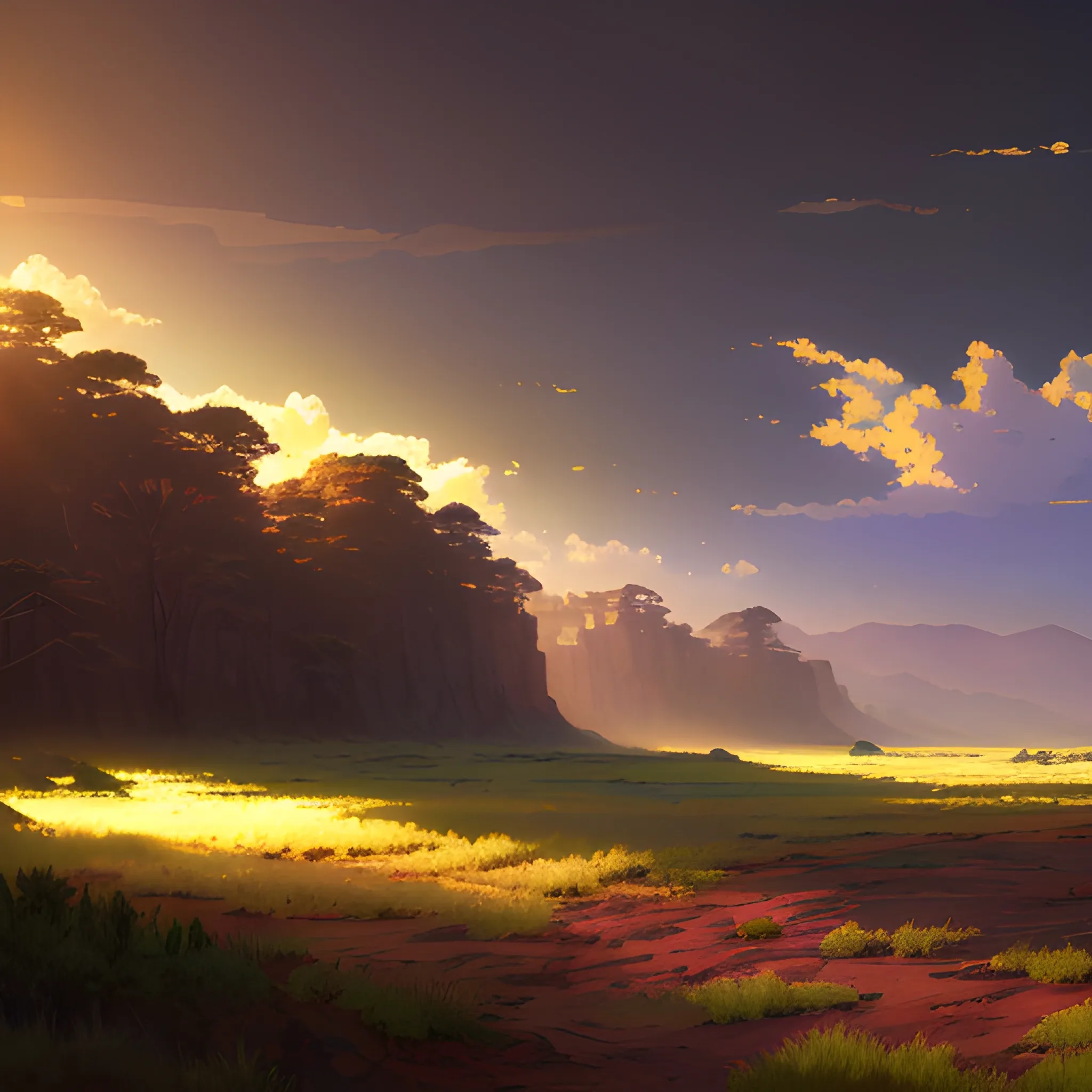 large view of grainy soil with sunbeams... in the style of makoto shinkai and greg rutkowski and albert bierstadt and james gurney, Cartoon