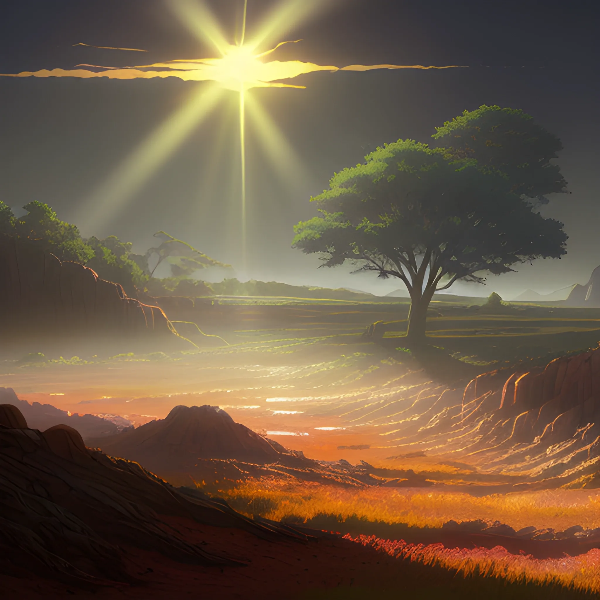 large view of grainy soil with sunbeams... in the style of makoto shinkai and greg rutkowski and albert bierstadt and james gurney, Cartoon