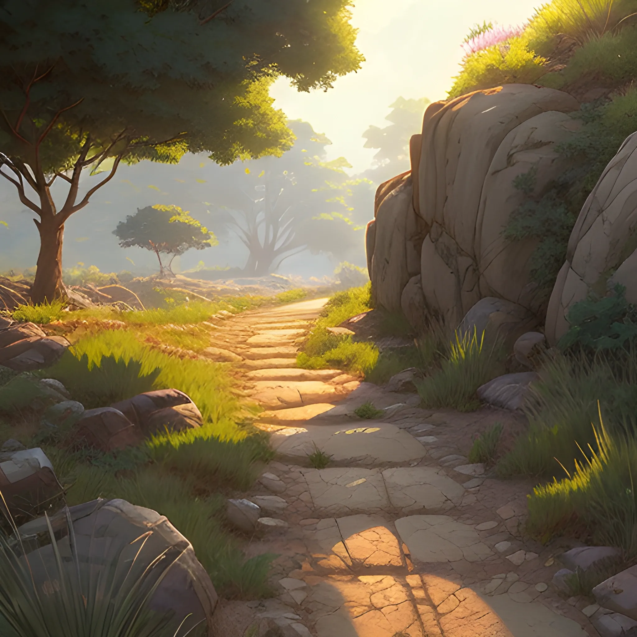 a dirt path with grasses rocks and stony and sunbeams... in the style of makoto shinkai and greg rutkowski and albert bierstadt and james gurney, Cartoon