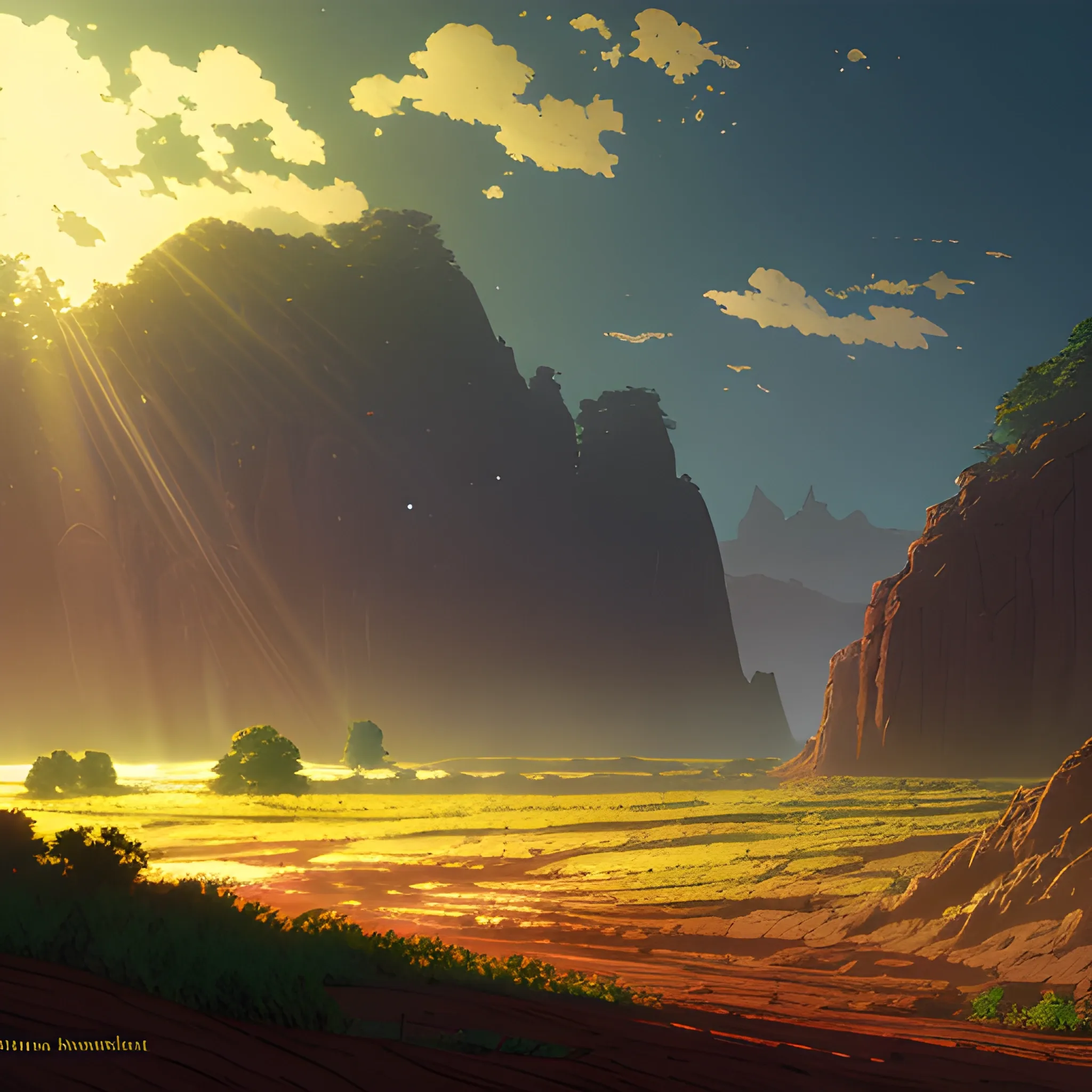 large view of grainy soil with sunbeams... in the style of makoto shinkai and greg rutkowski and albert bierstadt and james gurney, Cartoon