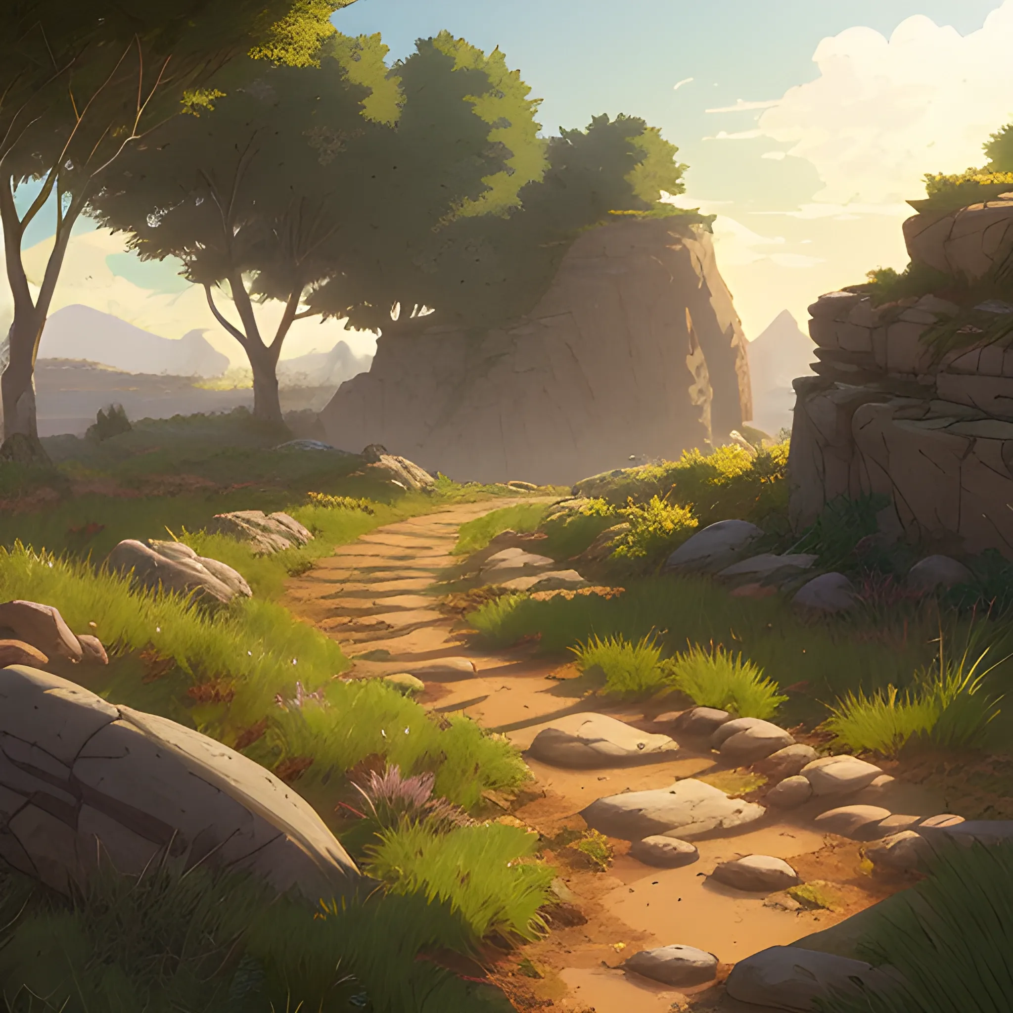 a dirt path with grasses rocks and stony and sunbeams... in the style of makoto shinkai and greg rutkowski and albert bierstadt and james gurney, Cartoon