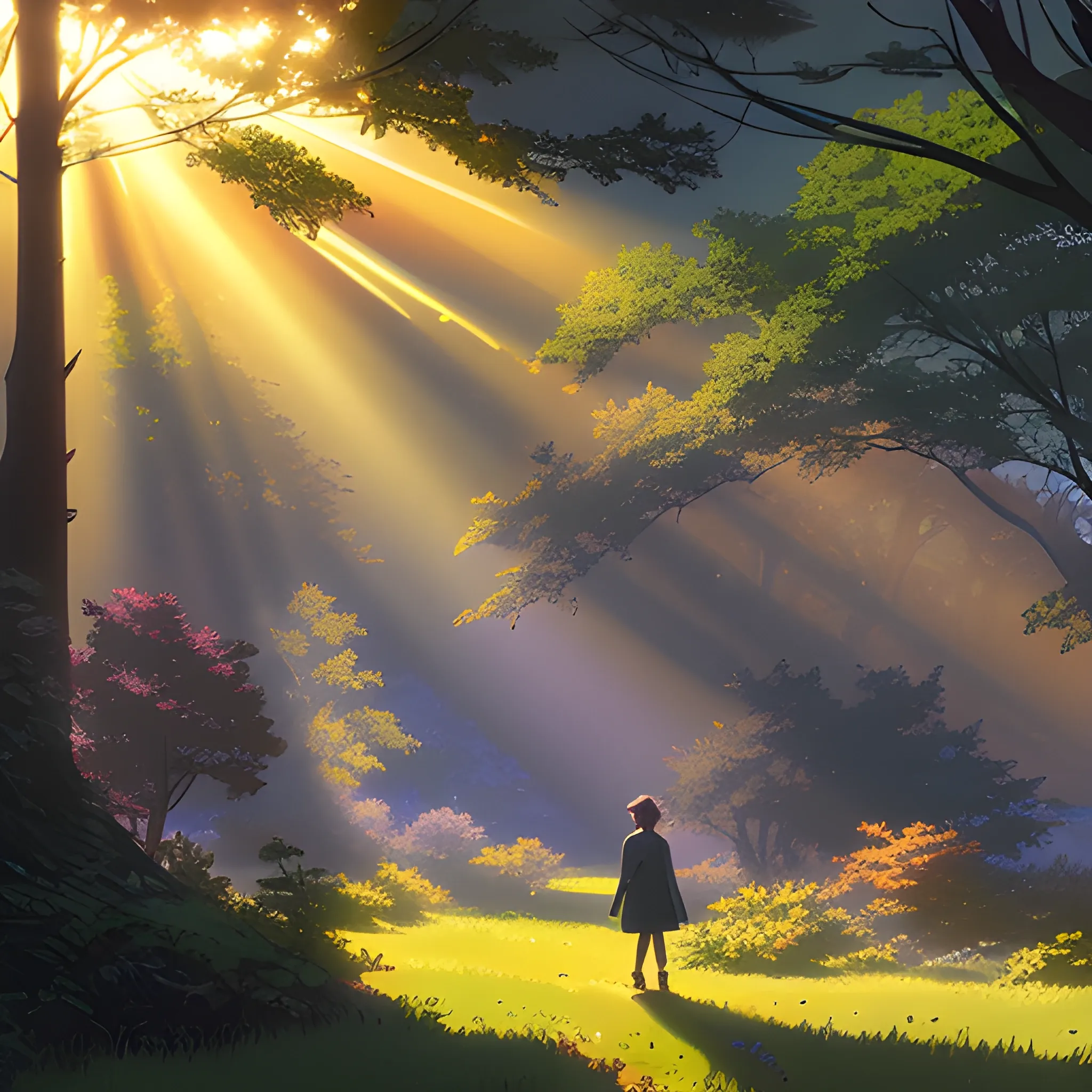 foliage with sunbeams... in the style of makoto shinkai and greg rutkowski and albert bierstadt and james gurney, Cartoon