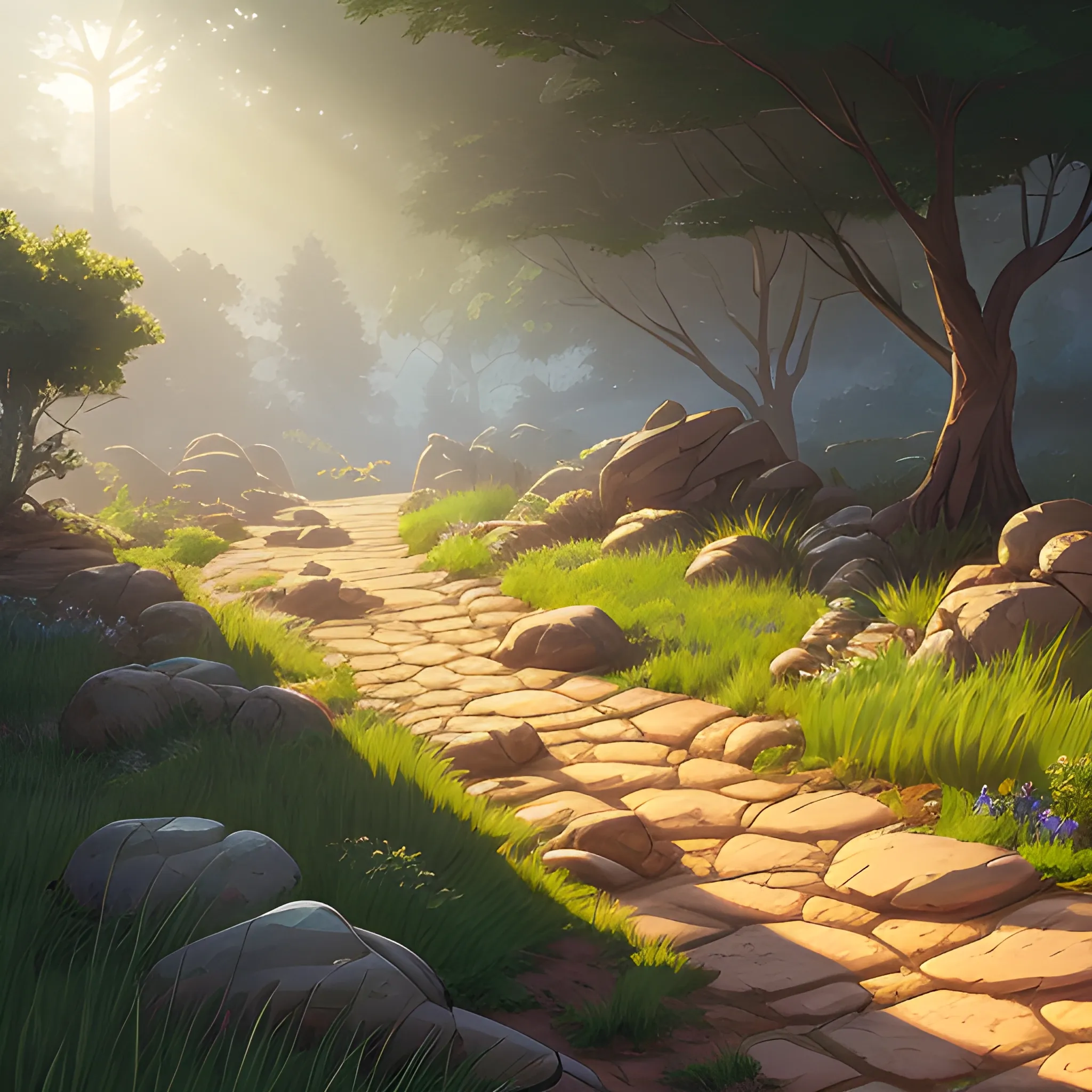 a dirt path with grasses rocks and stony and sunbeams... in the style of makoto shinkai and greg rutkowski and albert bierstadt and james gurney, Cartoon