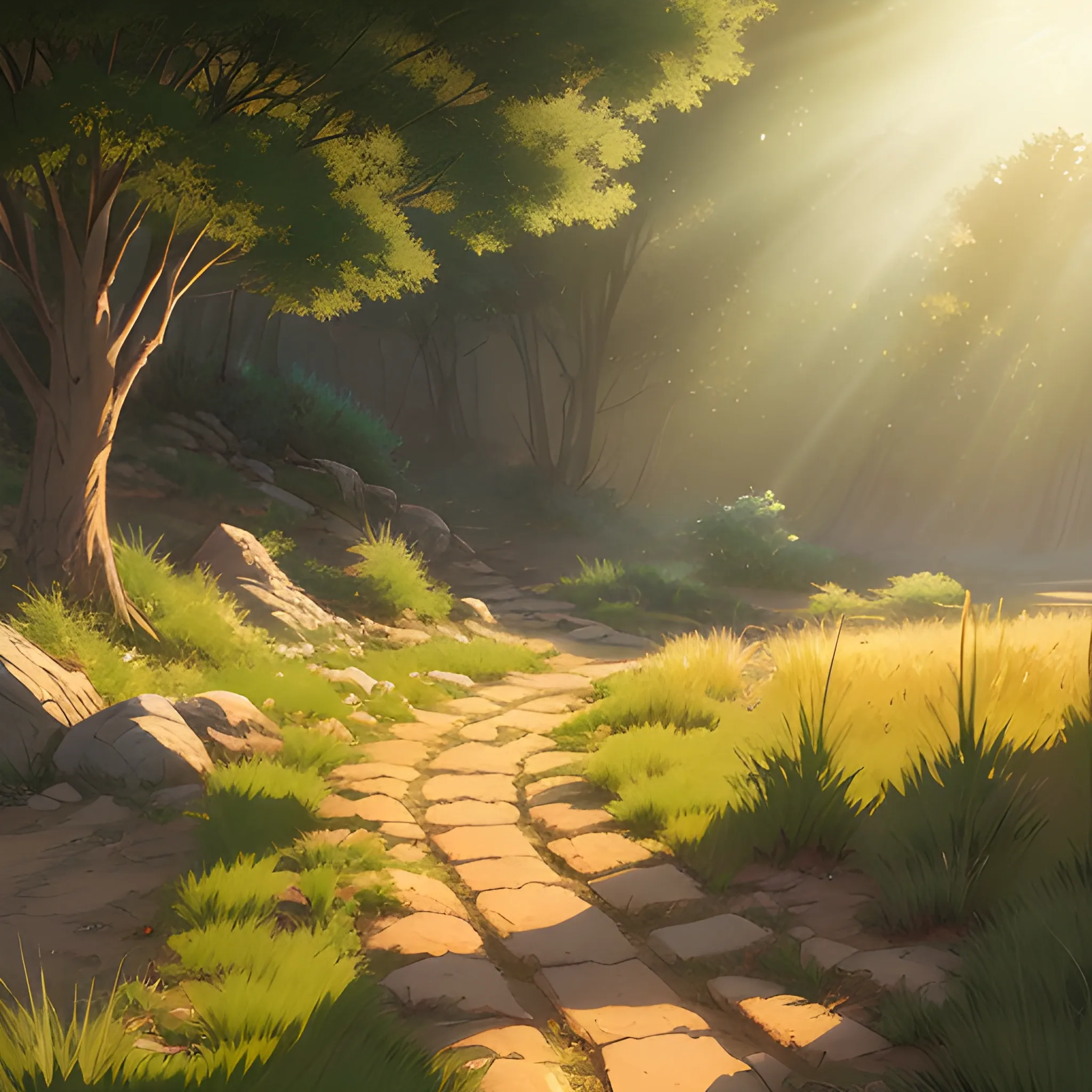 a dirt path with grasses and stony and sunbeams... in the style of makoto shinkai and greg rutkowski and albert bierstadt and james gurney, Cartoon