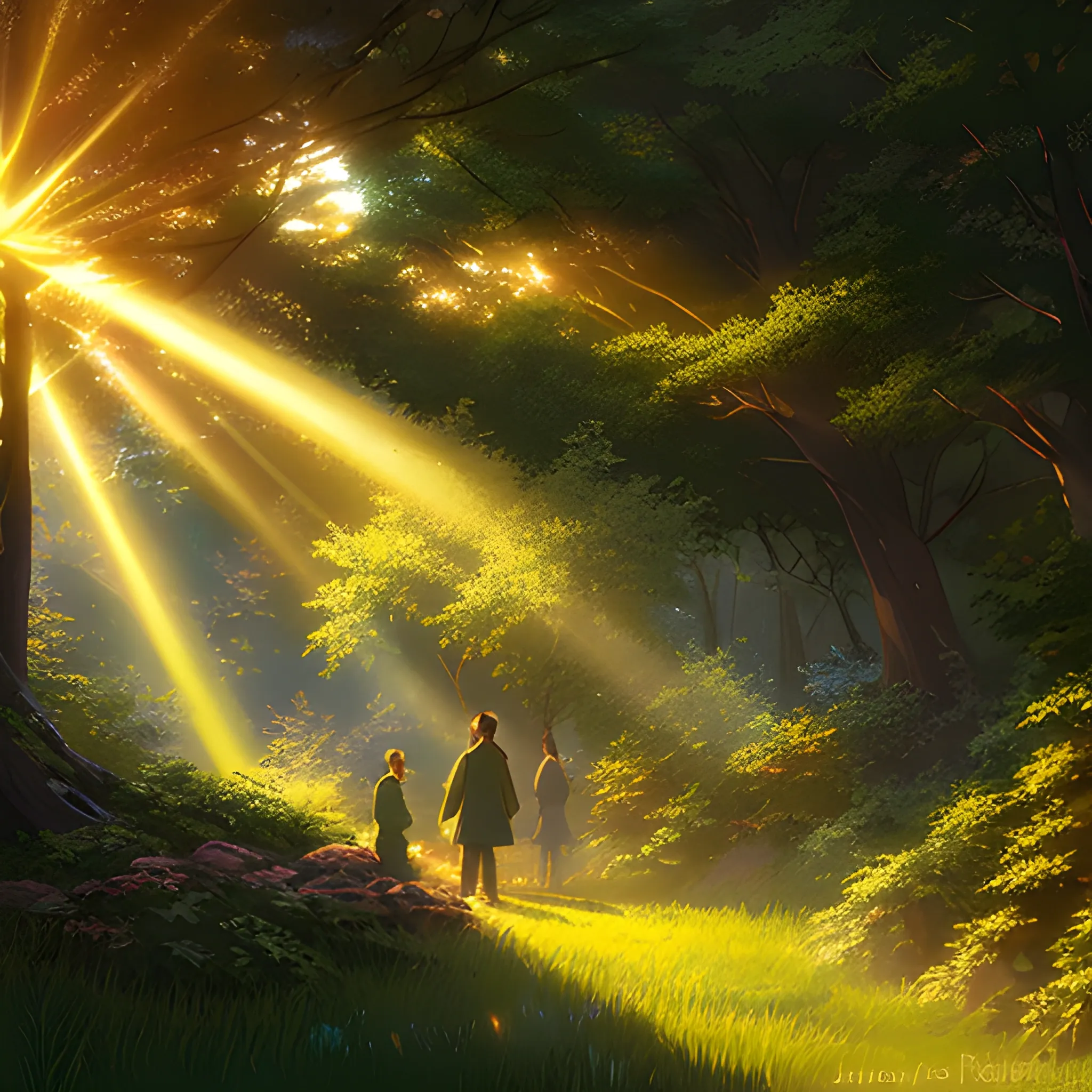 foliage with sunbeams... in the style of makoto shinkai and greg rutkowski and albert bierstadt and james gurney, Cartoon