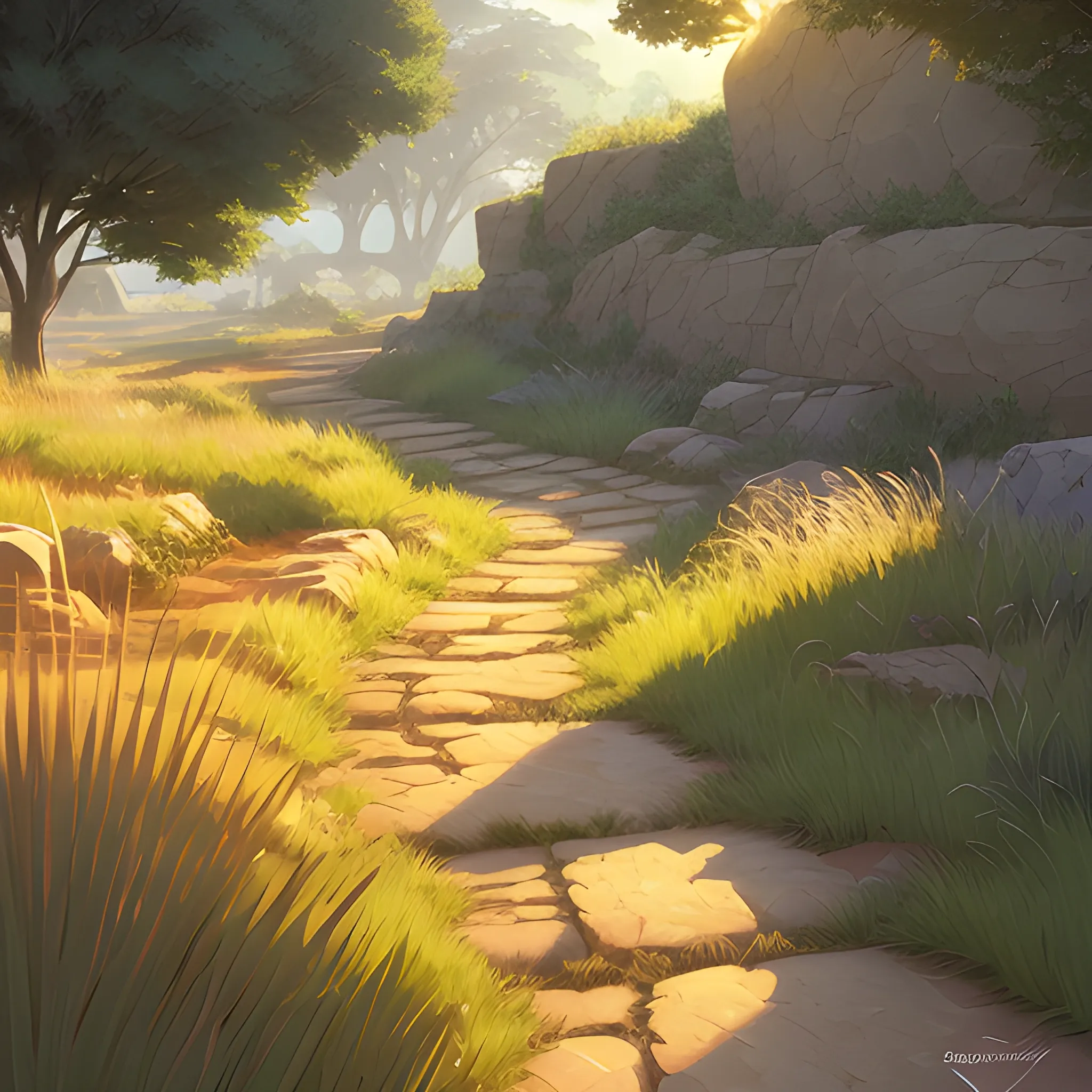 a dirt path with grasses and stony and sunbeams... in the style of makoto shinkai and greg rutkowski and albert bierstadt and james gurney, Cartoon