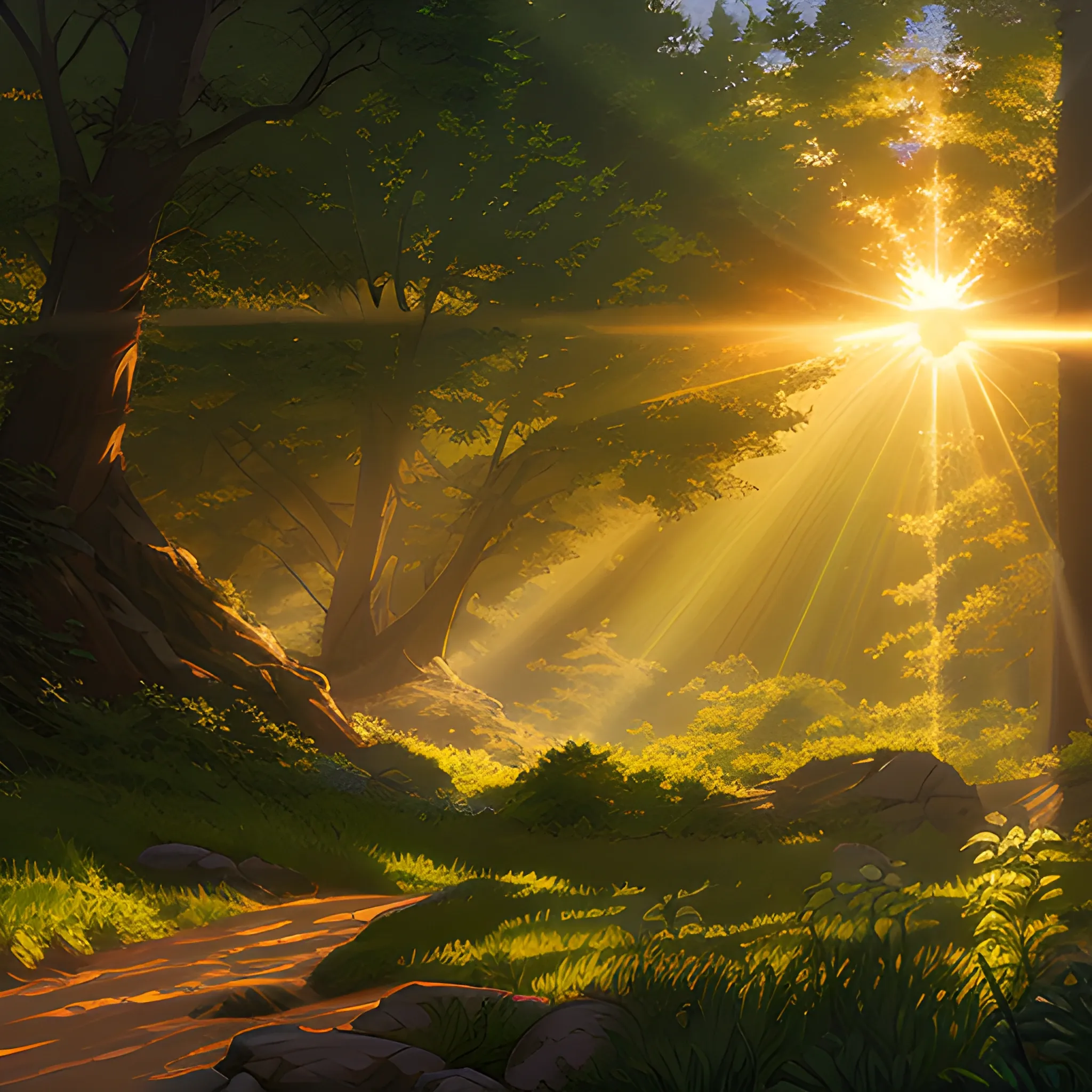 foliage with sunbeams... in the style of makoto shinkai and greg rutkowski and albert bierstadt and james gurney, Cartoon