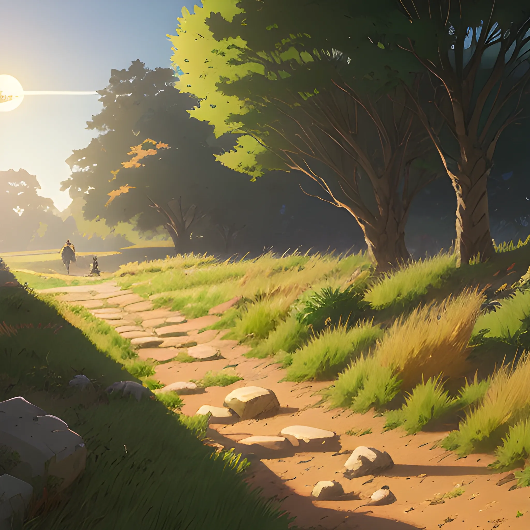 a dirt path with grasses and stony and sunbeams... in the style of makoto shinkai and greg rutkowski and albert bierstadt and james gurney, Cartoon