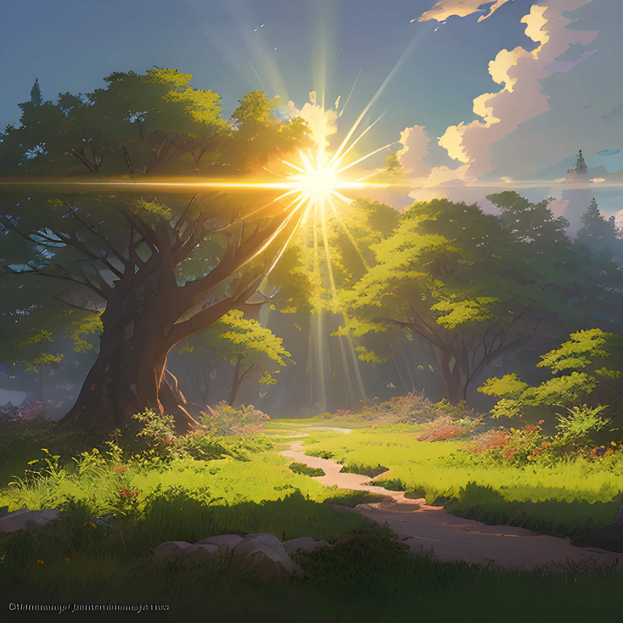 big plan of foliage with sunbeams... in the style of makoto shinkai and greg rutkowski and albert bierstadt and james gurney, Cartoon