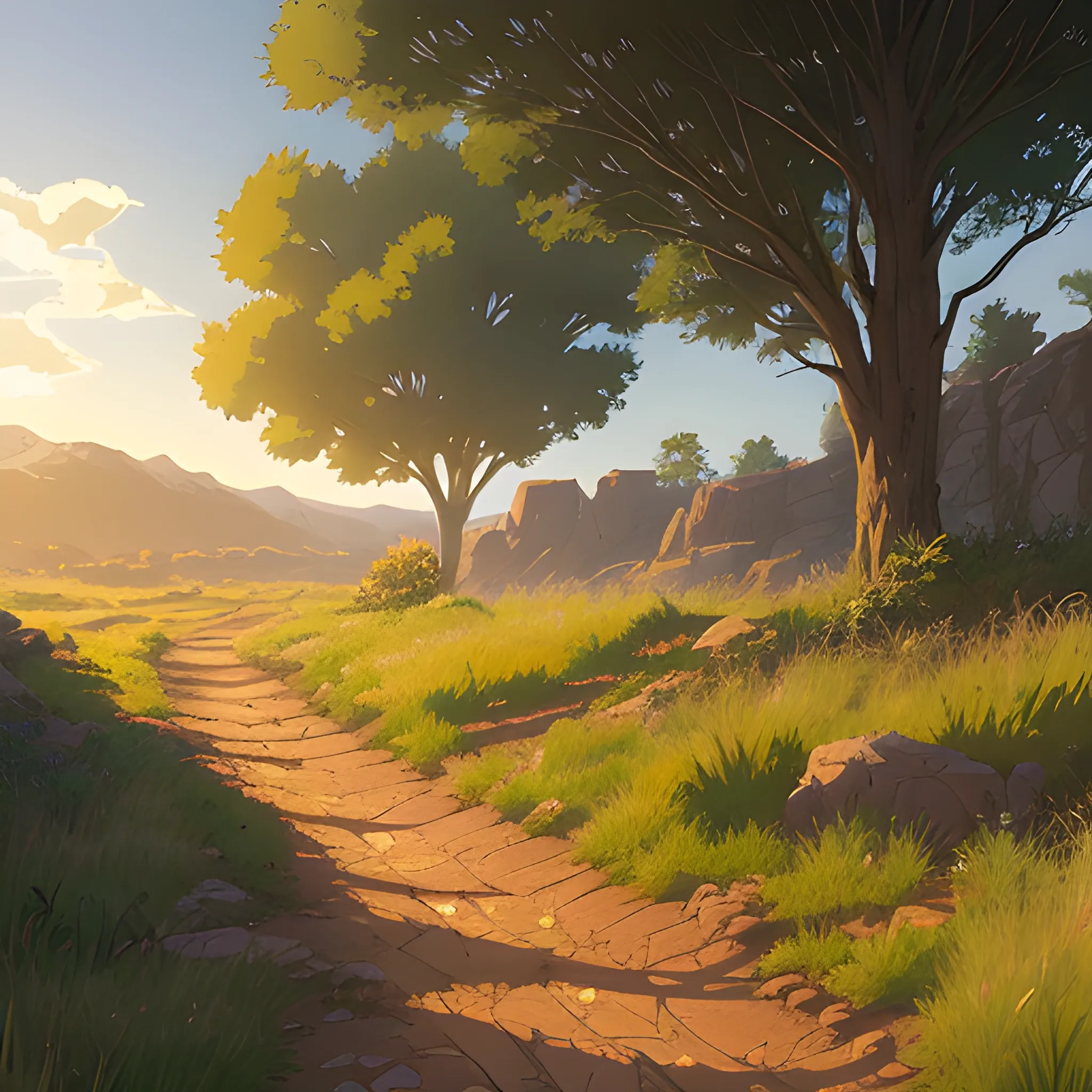 a dirt path with grasses and stony and sunbeams... in the style of makoto shinkai and greg rutkowski and albert bierstadt and james gurney, Cartoon