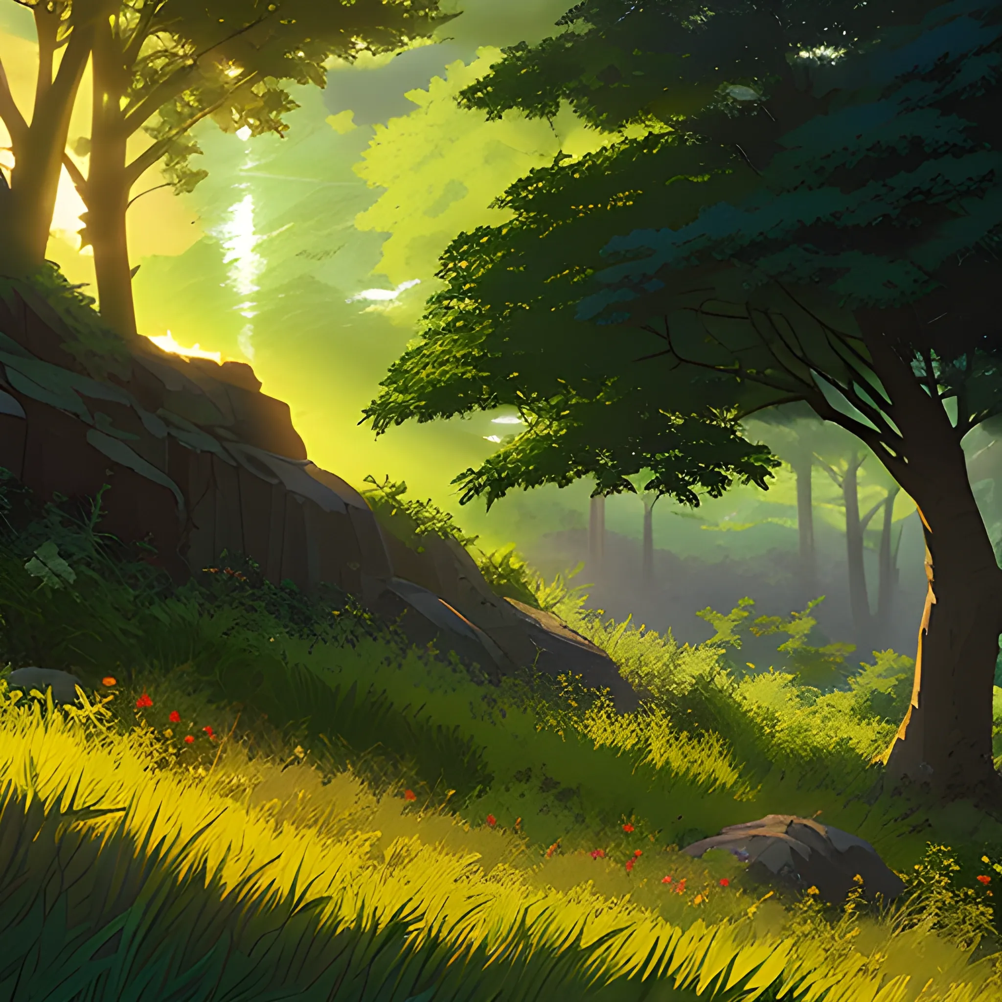 close up on foliage with sunbeams... in the style of makoto shinkai and greg rutkowski and albert bierstadt and james gurney, Cartoon