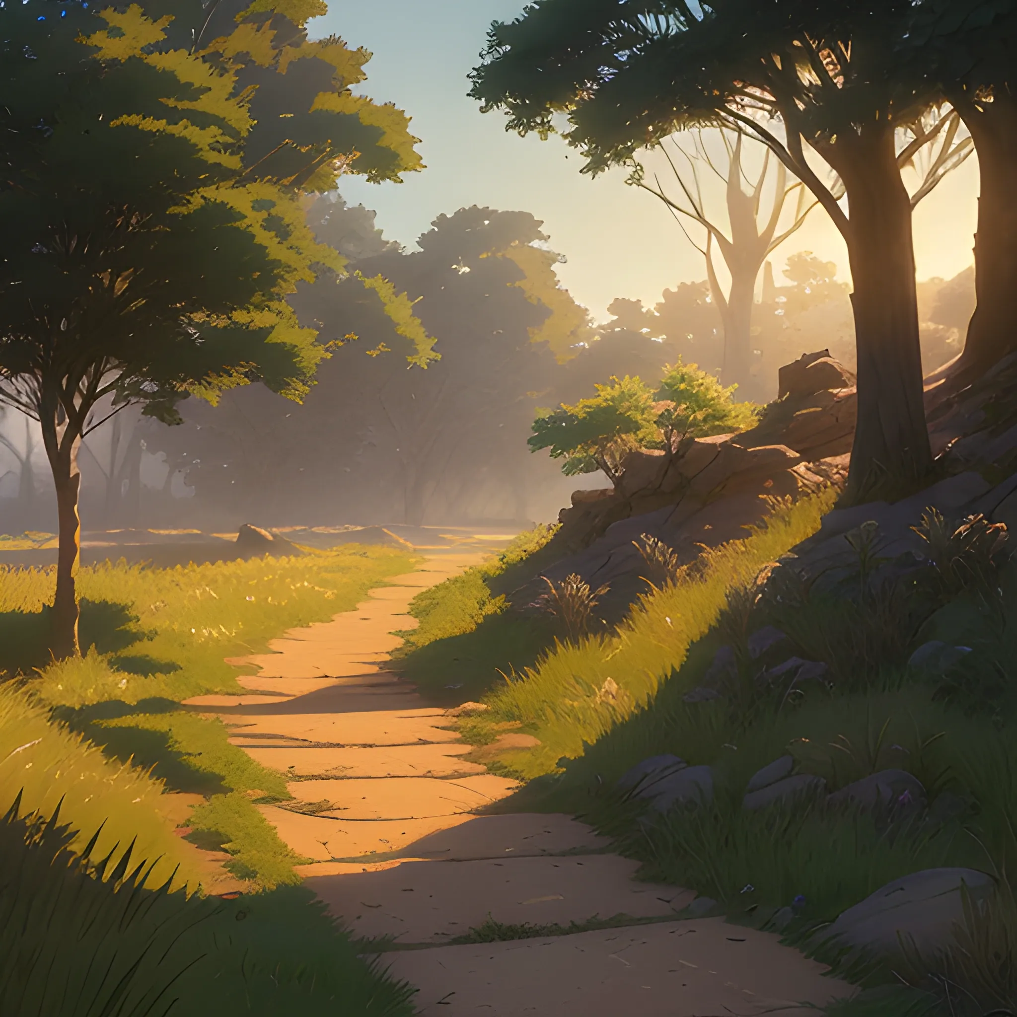 a dirt path with grasses and stony and glimmer of sun... in the style of makoto shinkai and greg rutkowski and albert bierstadt and james gurney, Cartoon