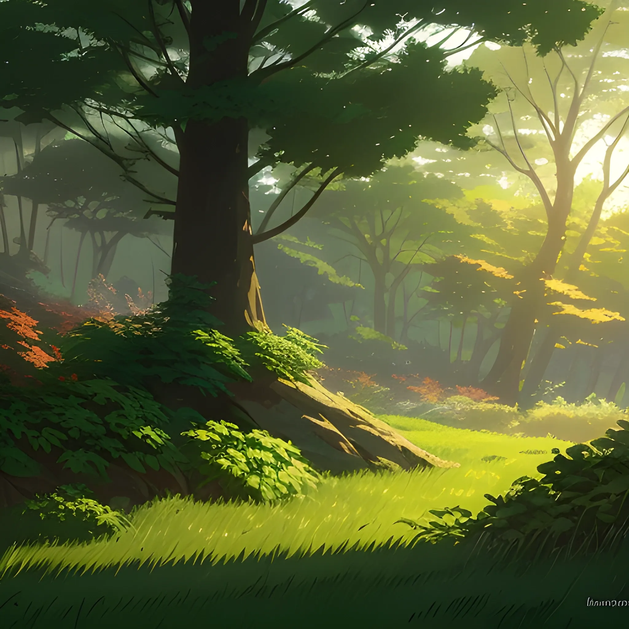 close up on foliage with glimmer of sun... in the style of makoto shinkai and greg rutkowski and albert bierstadt and james gurney, Cartoon