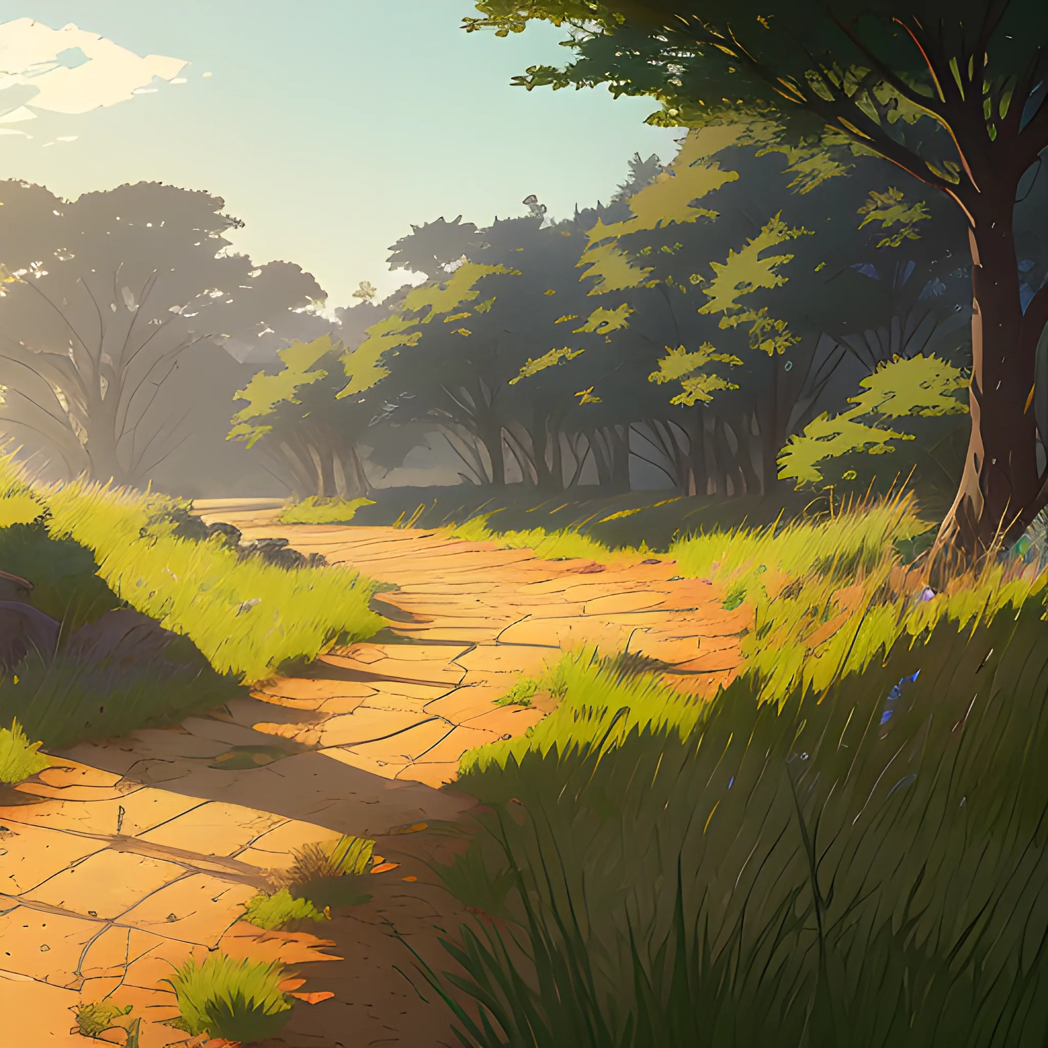 a dirt path with grasses and stony and glimmer of sun... in the style of makoto shinkai and greg rutkowski and albert bierstadt and james gurney, Cartoon